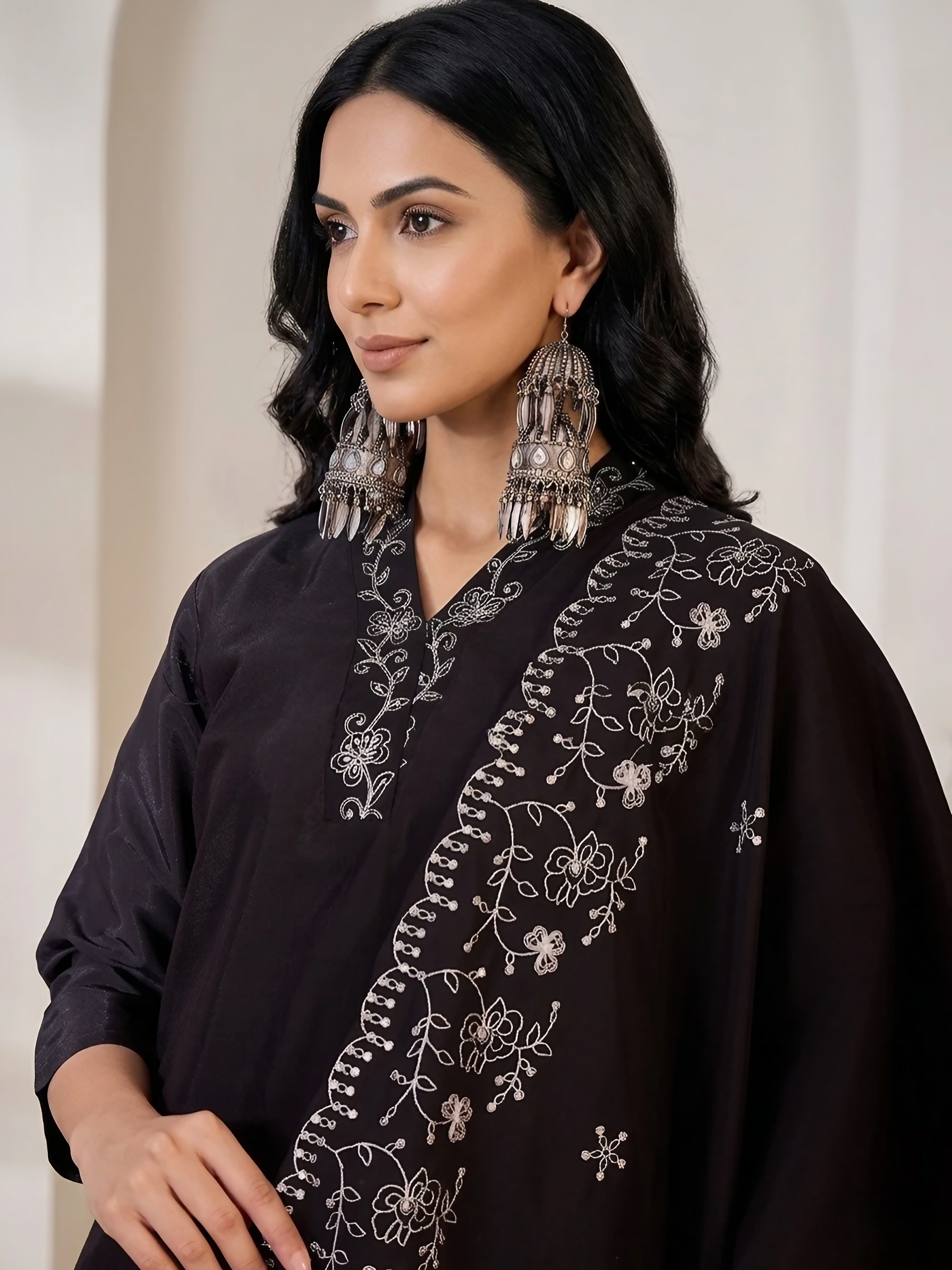 Women Art  Silk Black Stitched Embroidery  Kurta set with dupatta