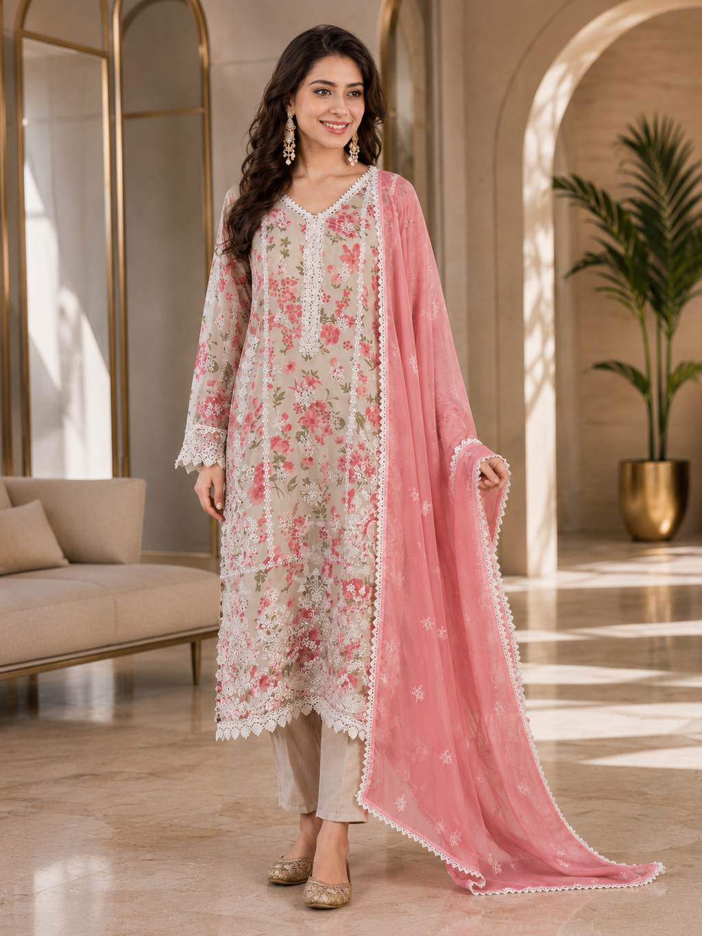Women's Organza Beige Kurta Set