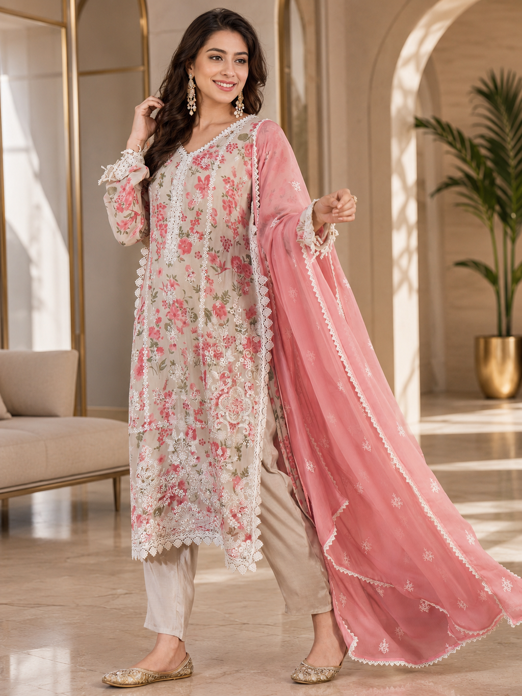 Women's Organza Beige Kurta Set