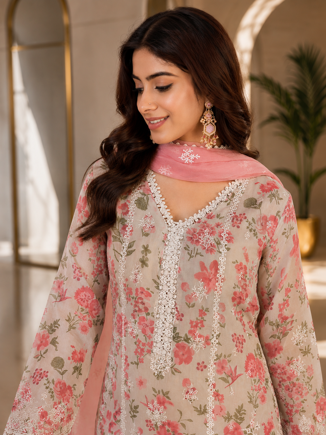 Women's Organza Beige Kurta Set