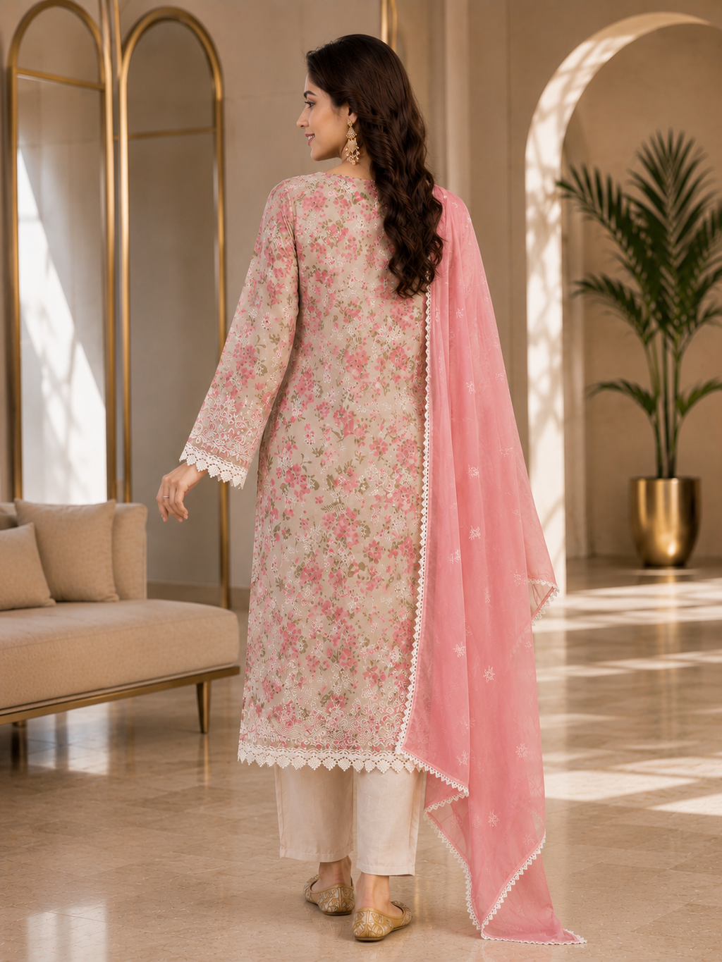 Women's Organza Beige Kurta Set