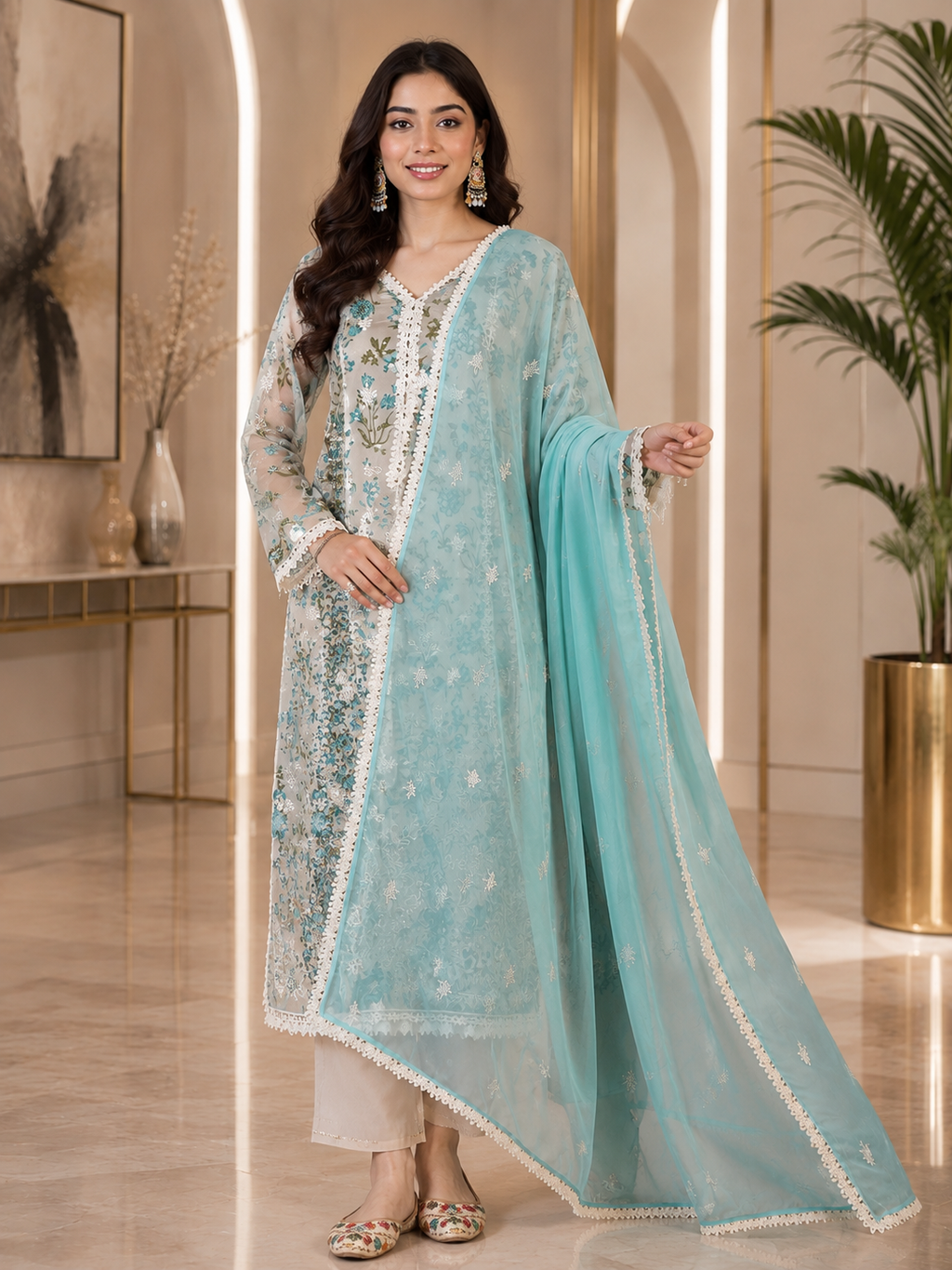 Women's Organza Beige Kurta Set