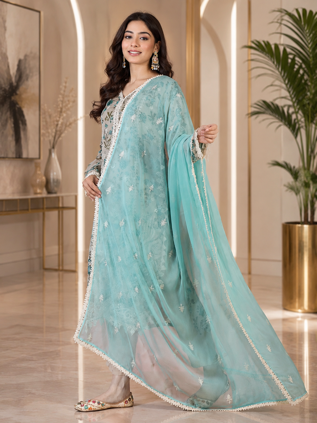 Women's Organza Beige Kurta Set