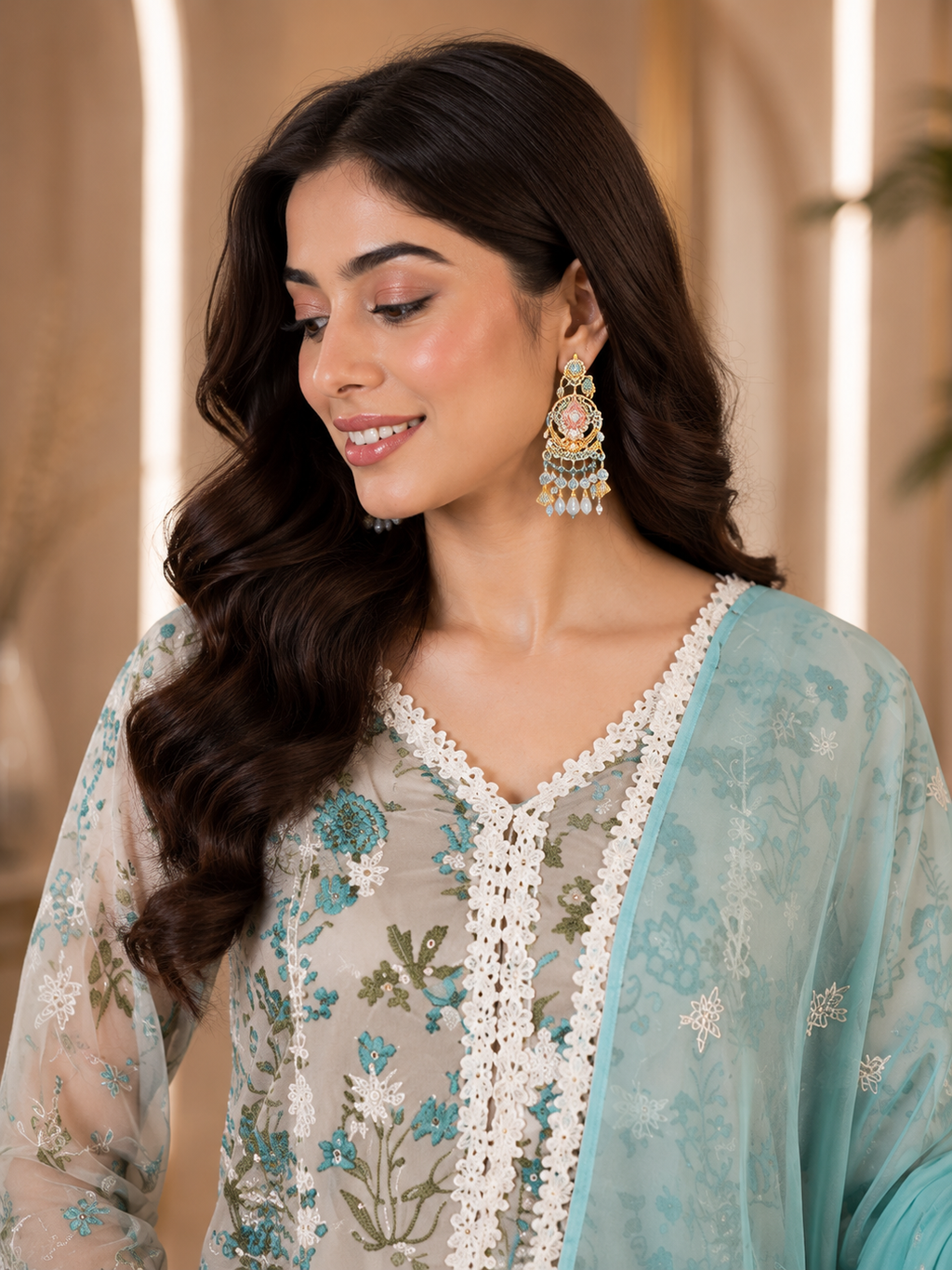 Women's Organza Beige Kurta Set