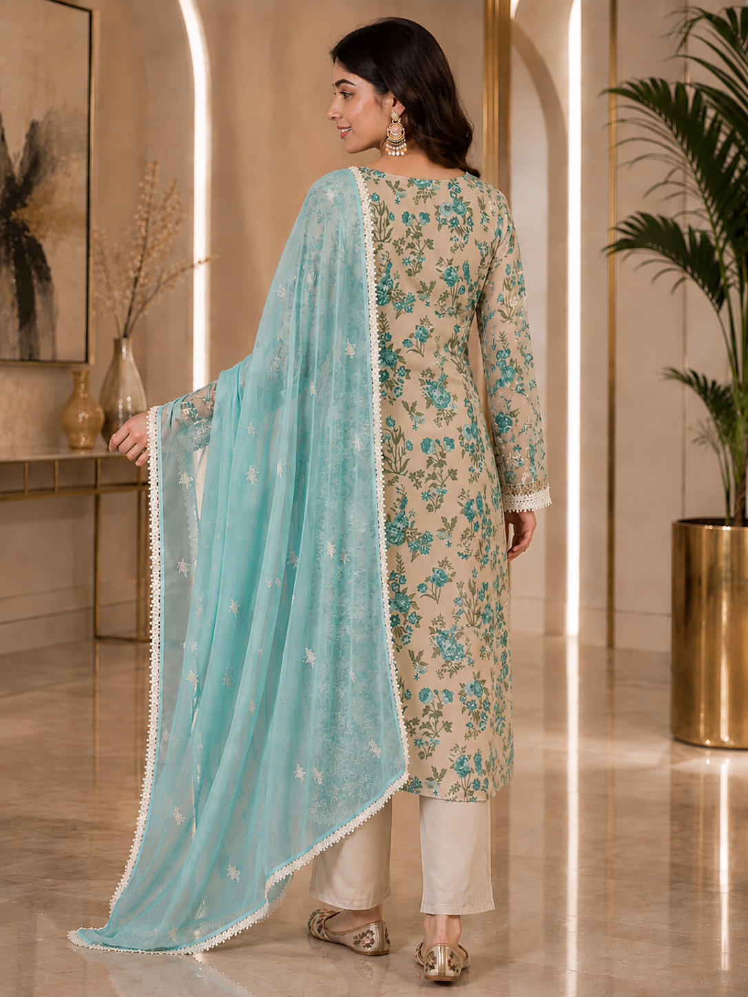 Women's Organza Beige Kurta Set