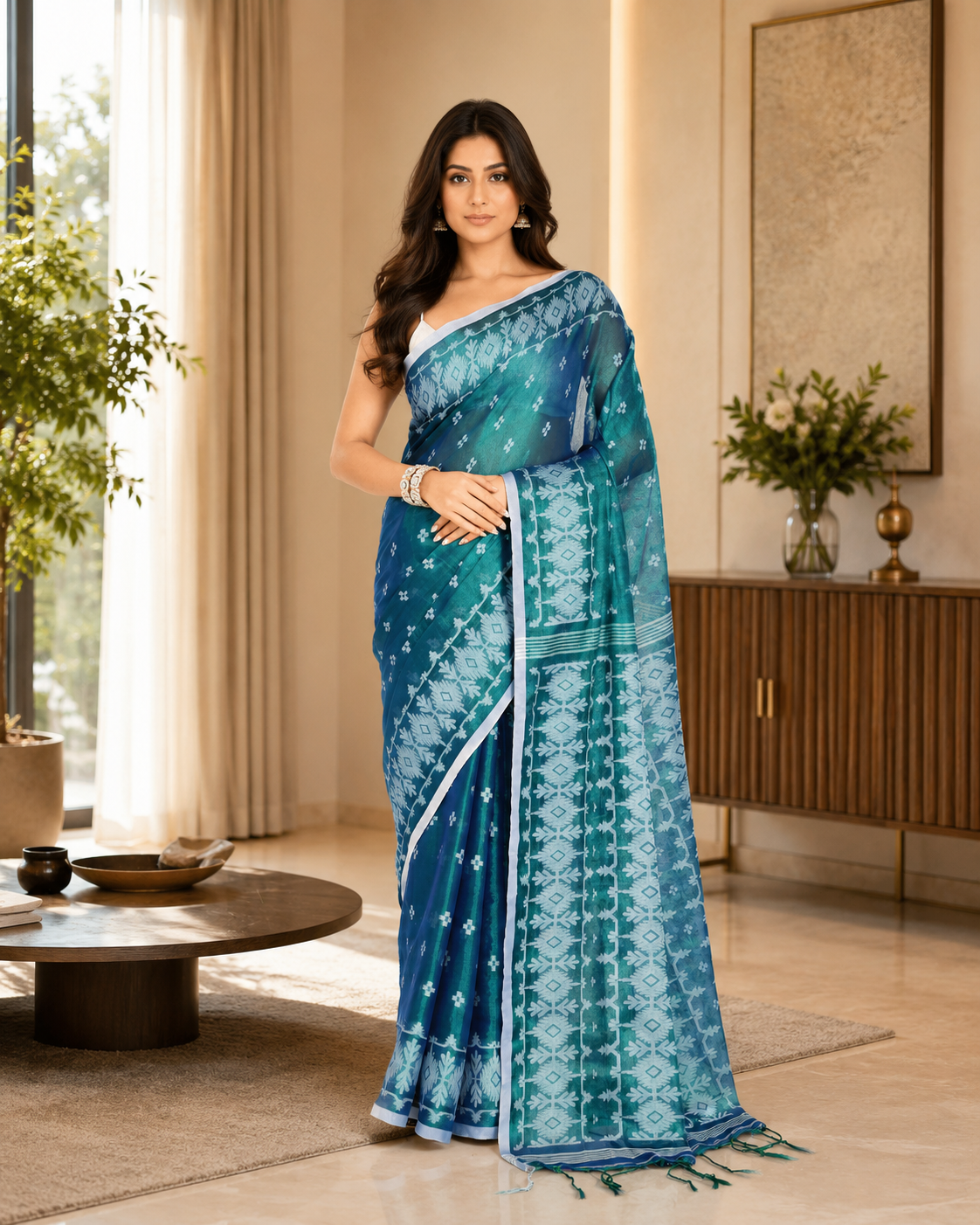 Women Tissue Blue Green Woven  Saree