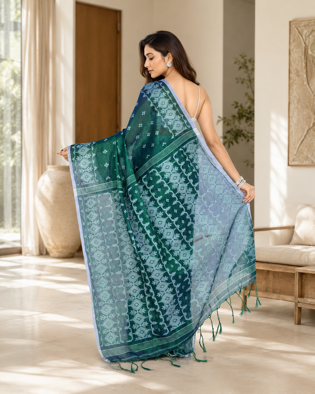 Women Tissue Blue Green Woven  Saree