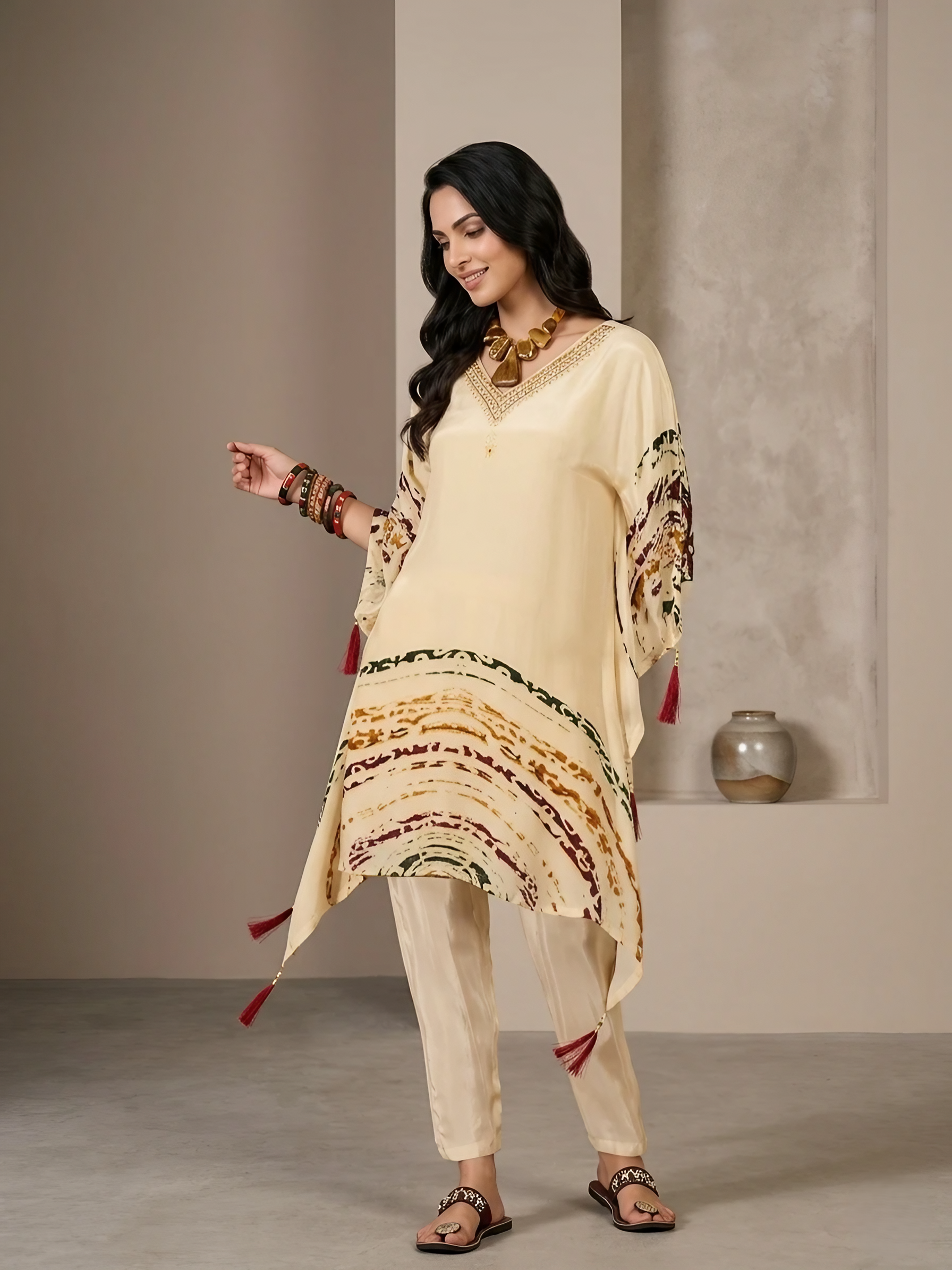 Women Art  Silk Cream Stitched Embroidery  Kurta with pant set