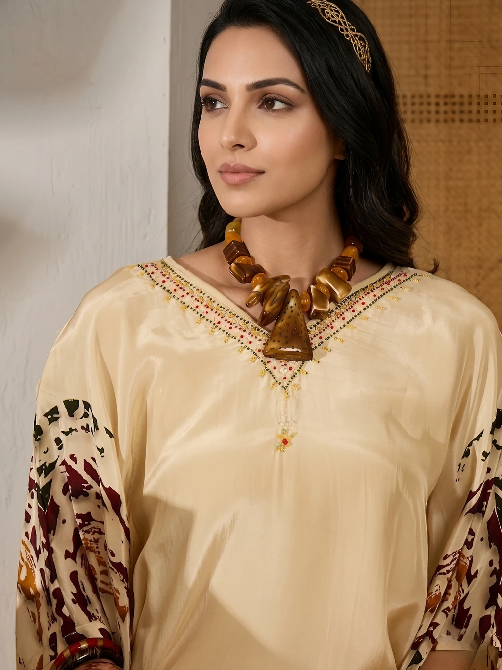 Women Art  Silk Cream Stitched Embroidery  Kurta with pant set