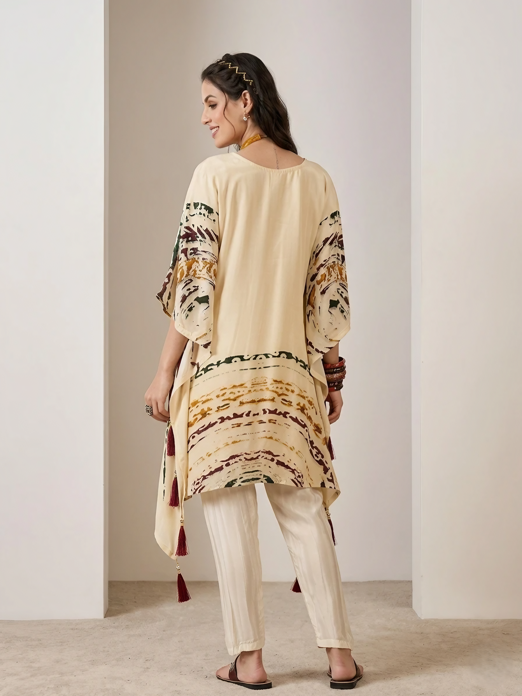 Women Art  Silk Cream Stitched Embroidery  Kurta with pant set