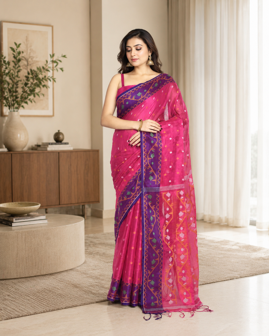 Women Tissue Pink Woven  Saree