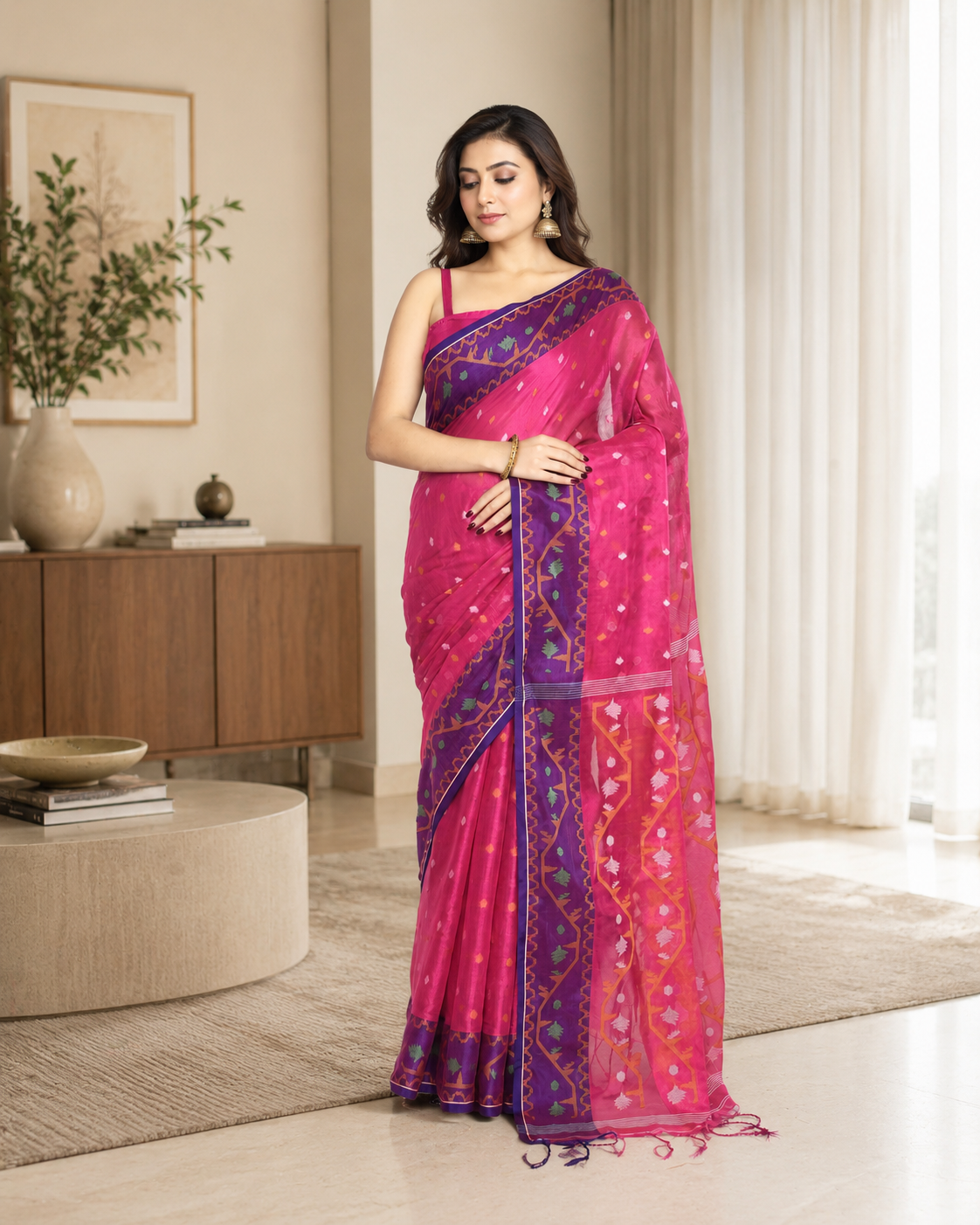 Women Tissue Pink Woven  Saree