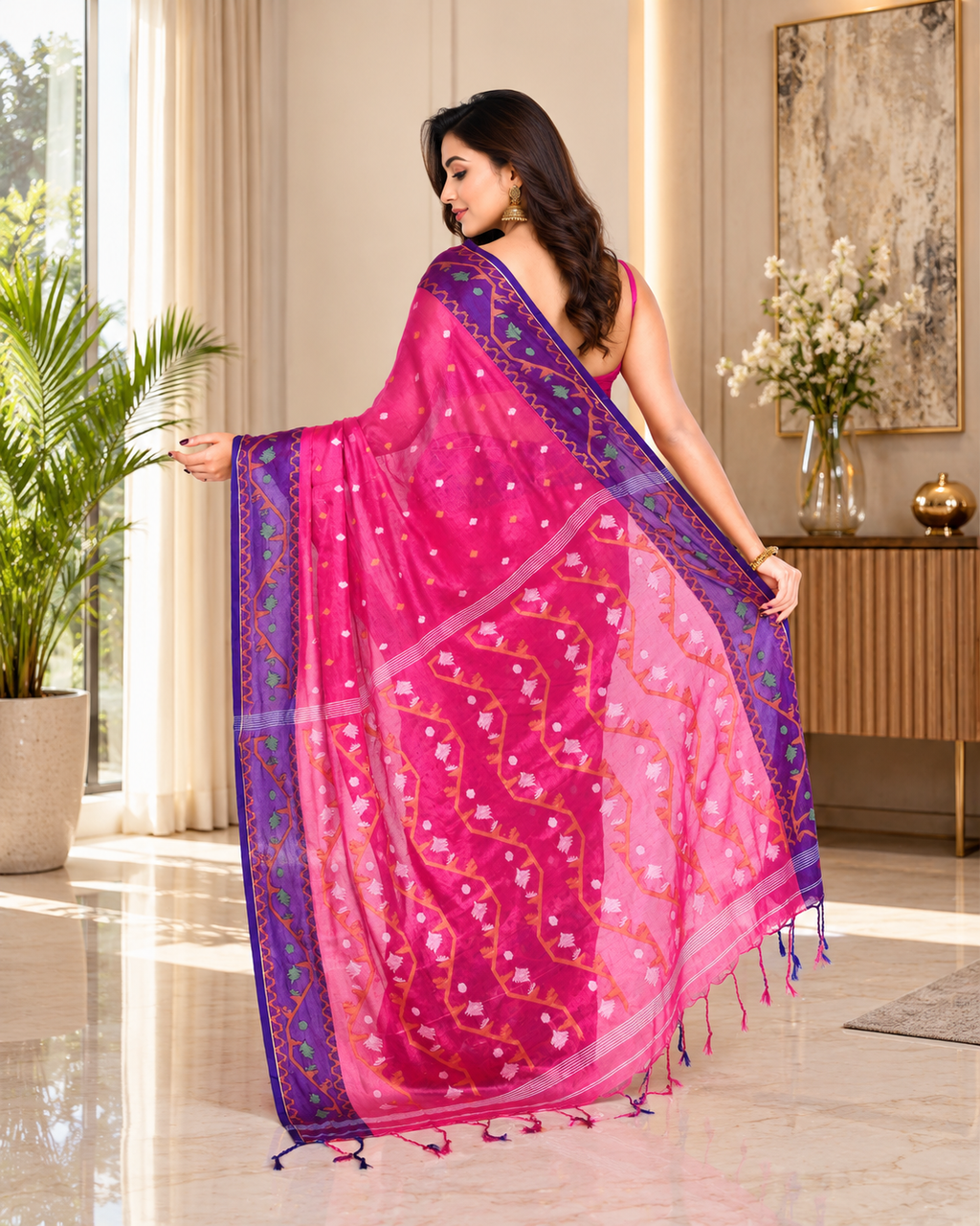 Women Tissue Pink Woven  Saree