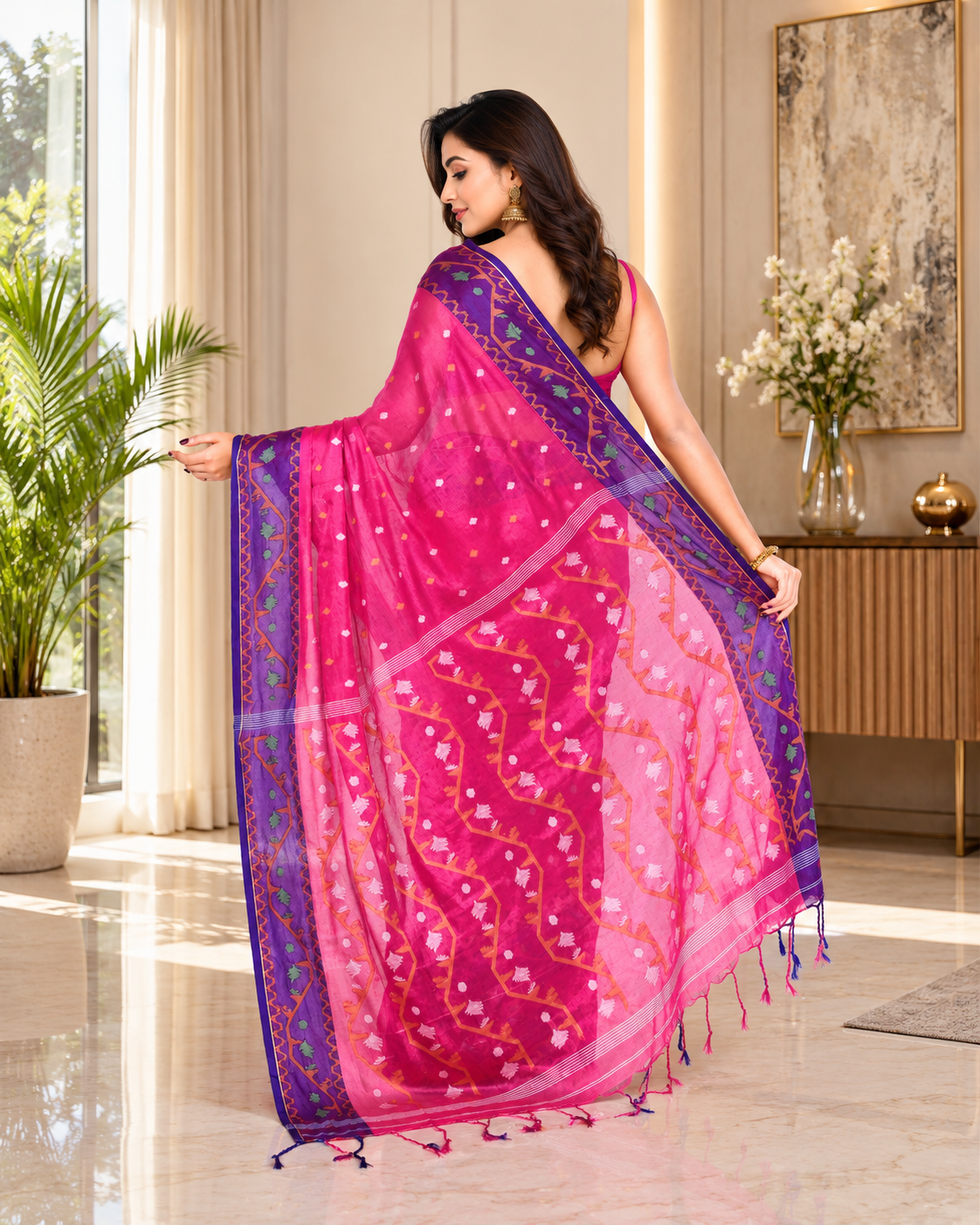 Women Tissue Pink Woven  Saree