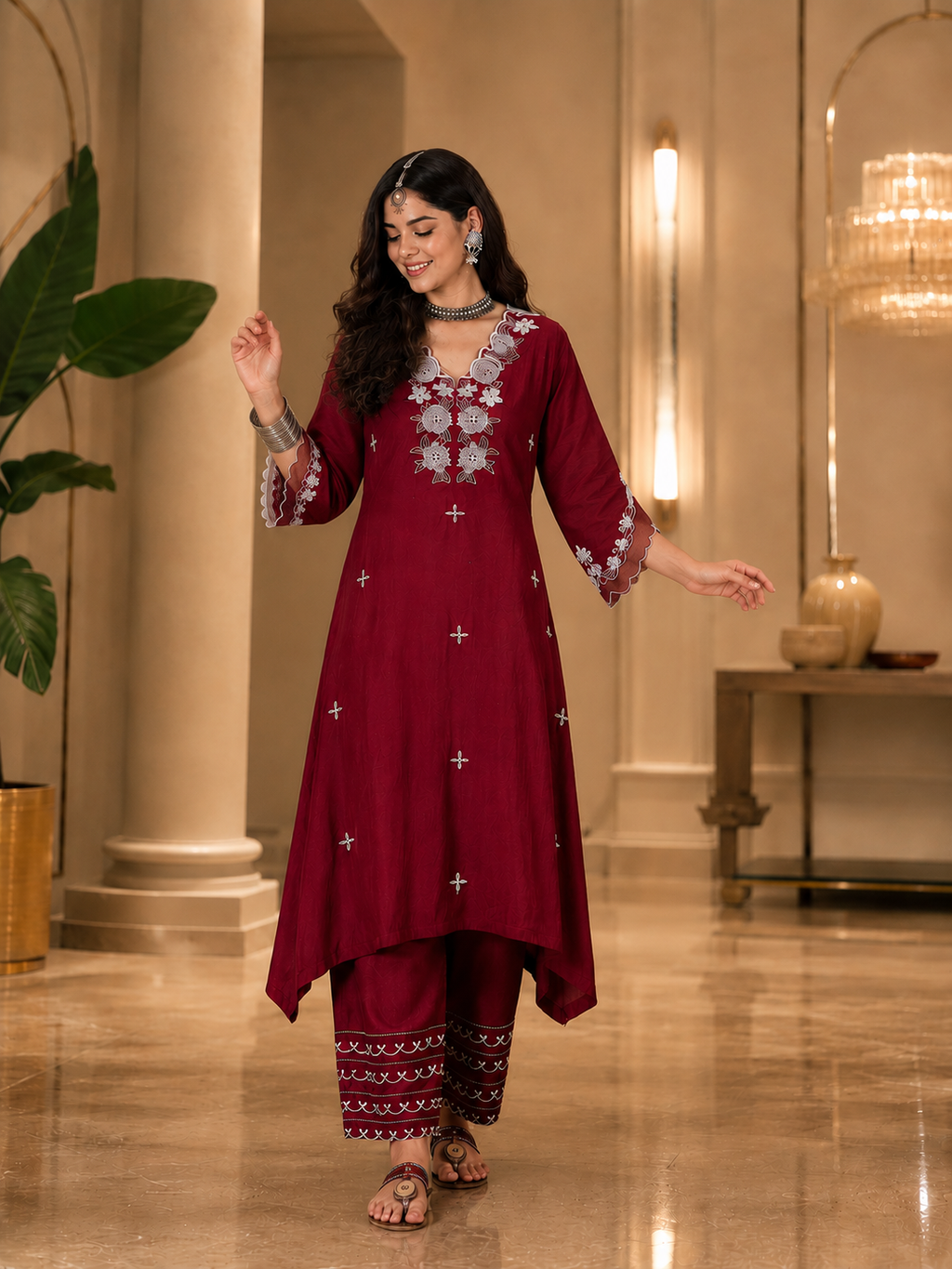 Women's Silk Maroon Kurta Set