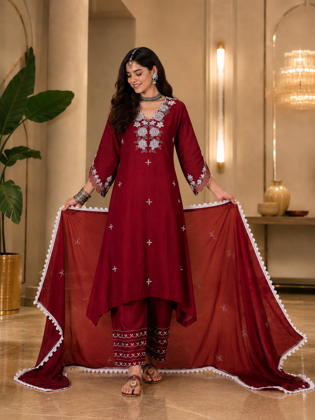 Women's Silk Maroon Kurta Set
