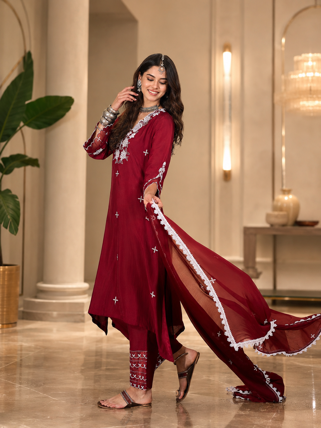 Women's Silk Maroon Kurta Set