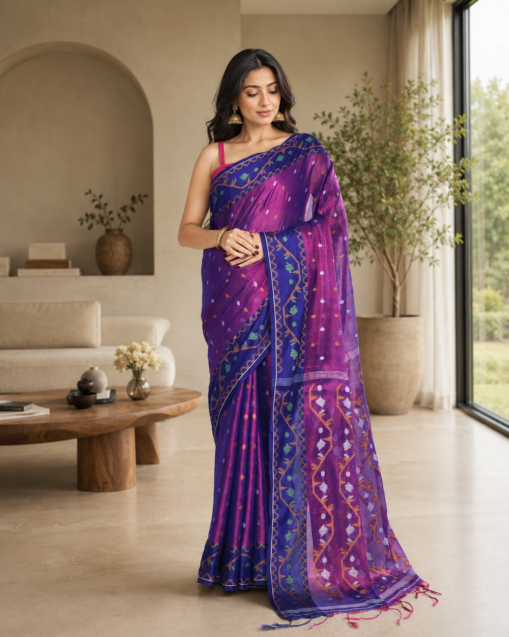 Women Tissue Pink Blue Woven  Saree