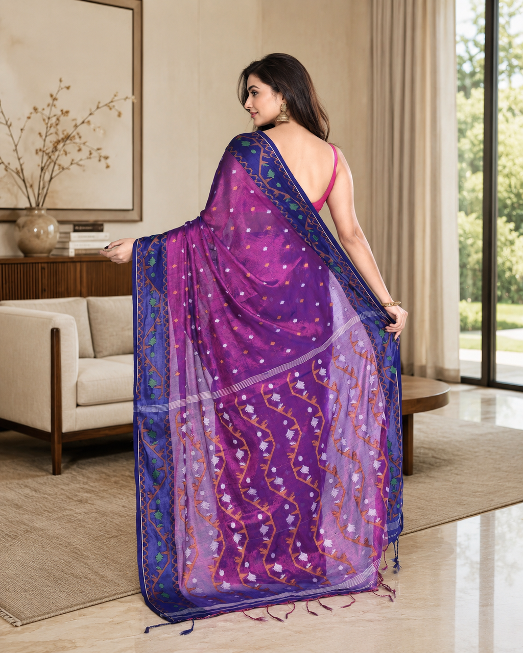 Women Tissue Pink Blue Woven  Saree