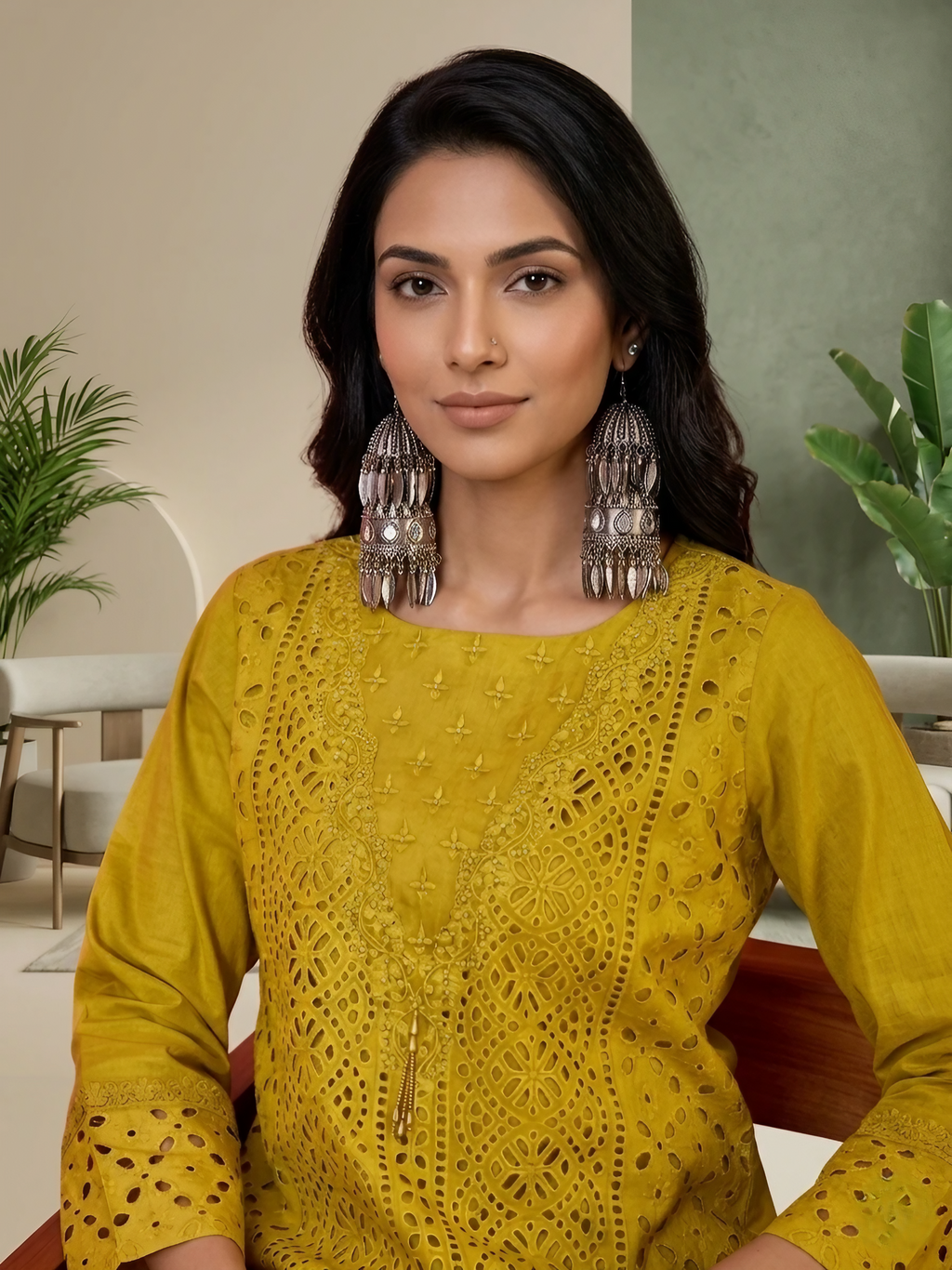 Women Pure Cotton Mustard Embroidery  Stitched Kurta pant set