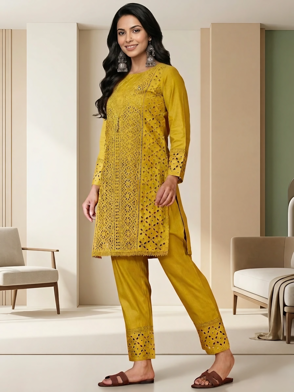 Women Pure Cotton Mustard Embroidery  Stitched Kurta pant set