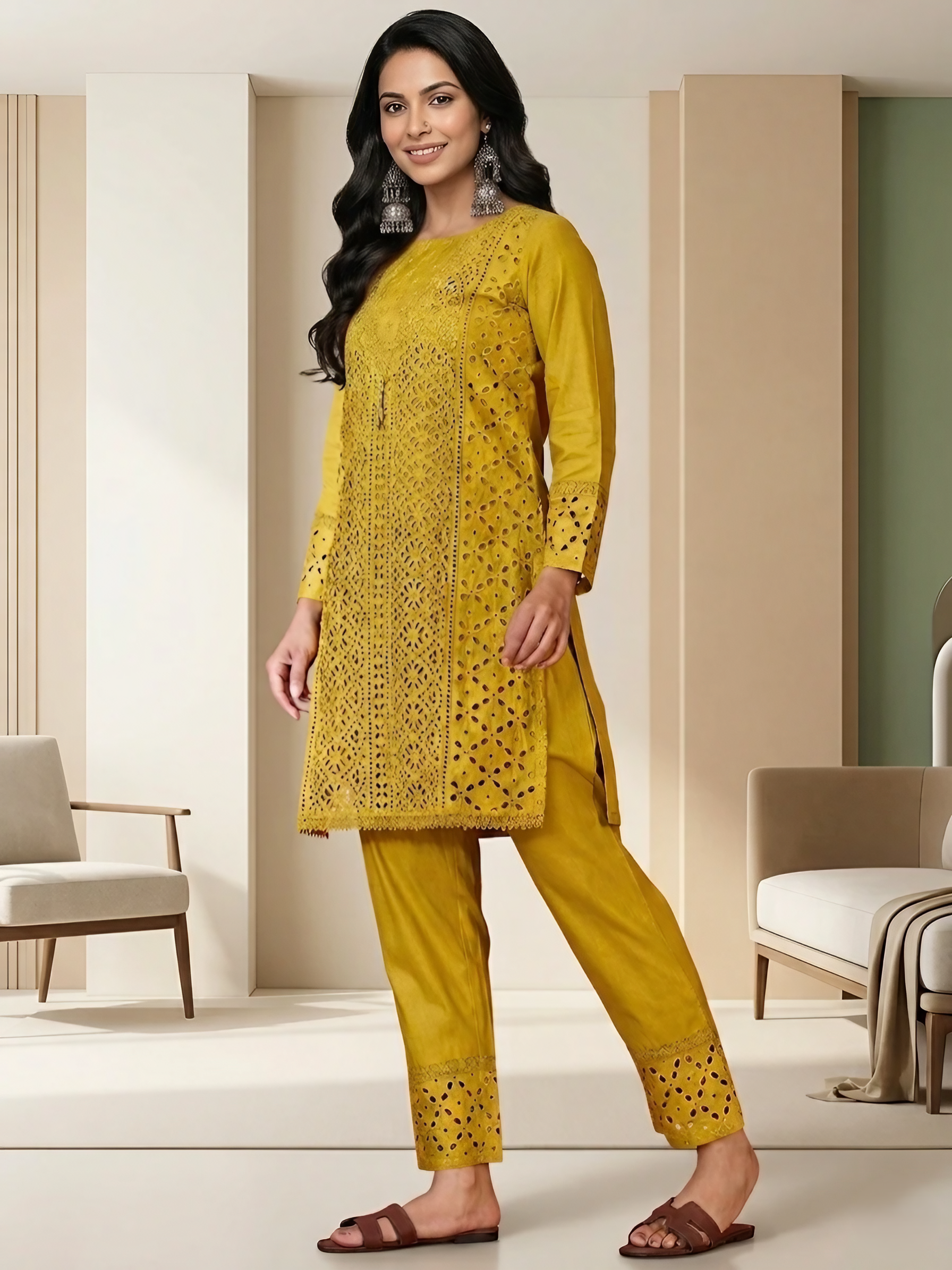 Women Pure Cotton Mustard Embroidery  Stitched Kurta pant set