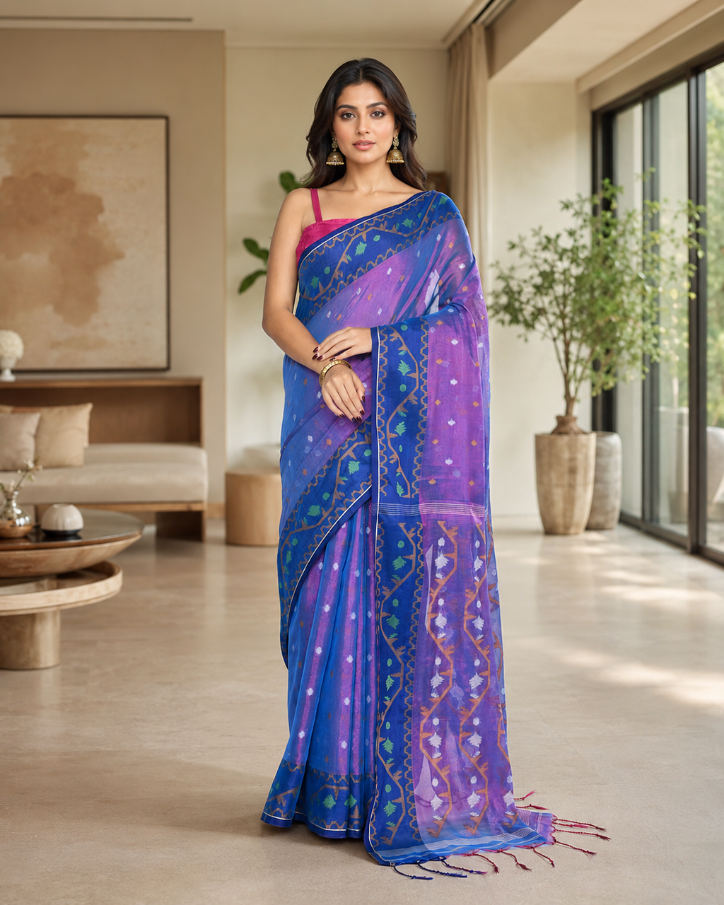 Women Tissue Pink Blue Woven  Saree