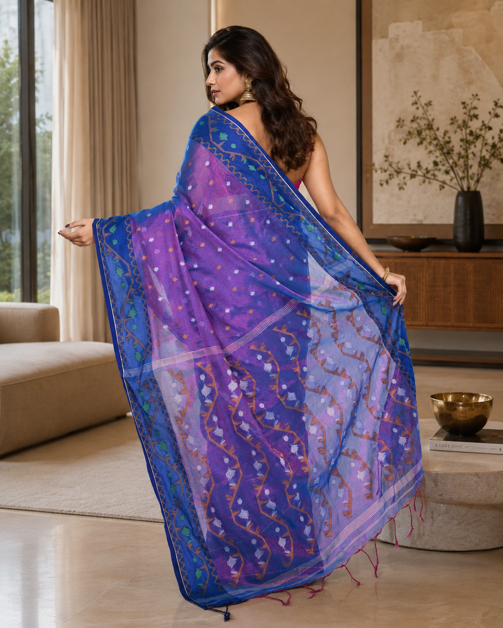 Women Tissue Pink Blue Woven  Saree