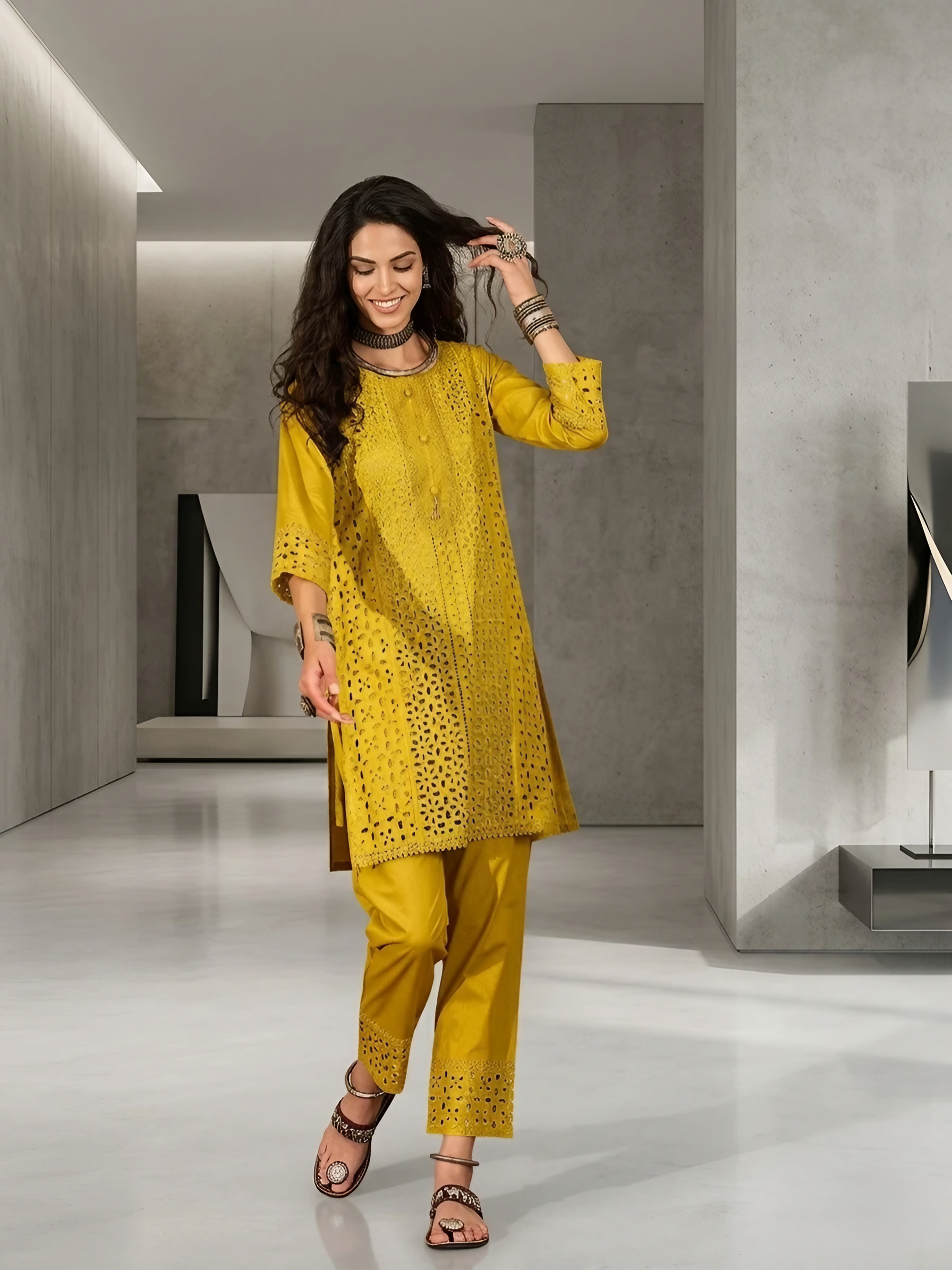 Women Pure Cotton Mustard Embroidery  Stitched Kurta pant set