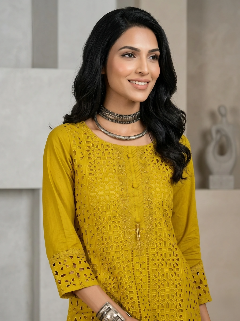 Women Pure Cotton Mustard Embroidery  Stitched Kurta pant set