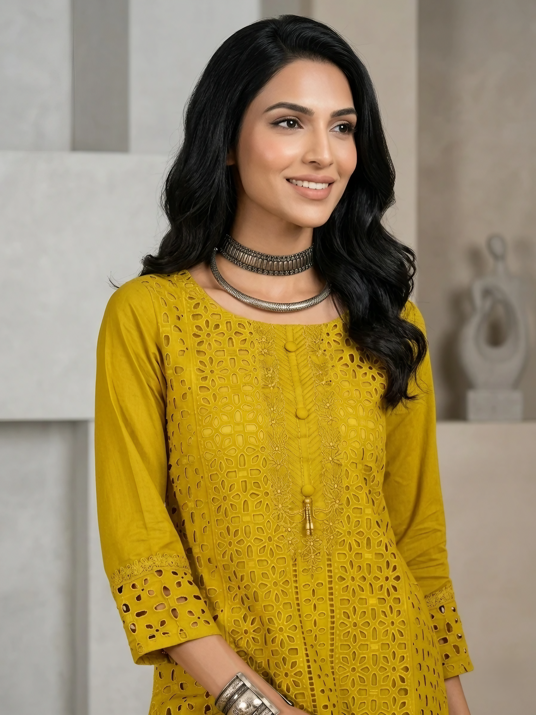 Women Pure Cotton Mustard Embroidery  Stitched Kurta pant set