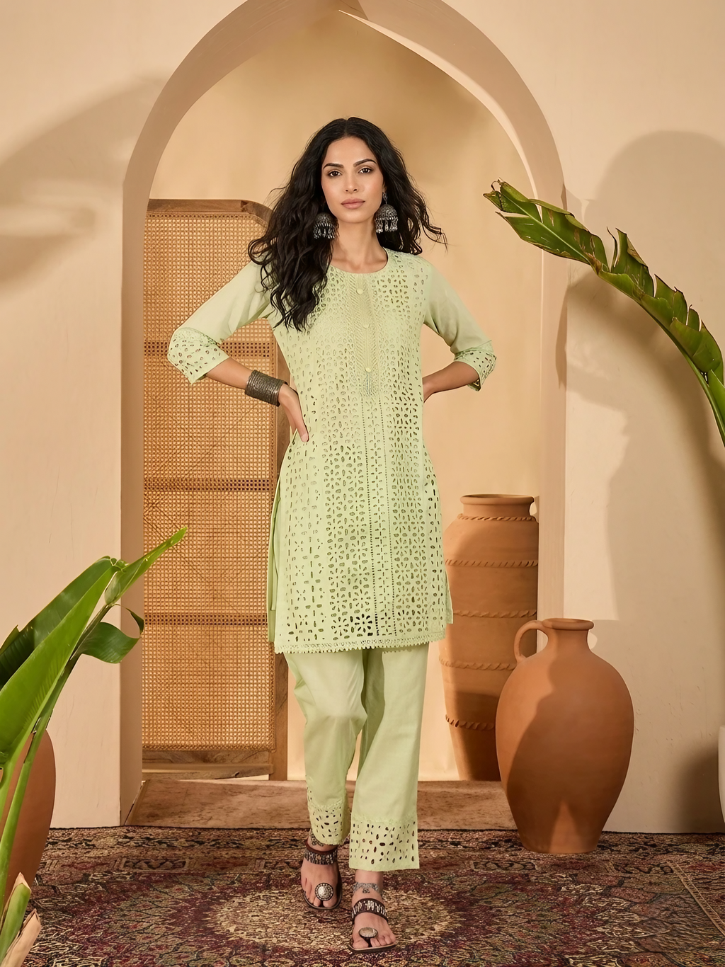Women Pure Cotton Green Embroidery  Stitched Kurta pant set