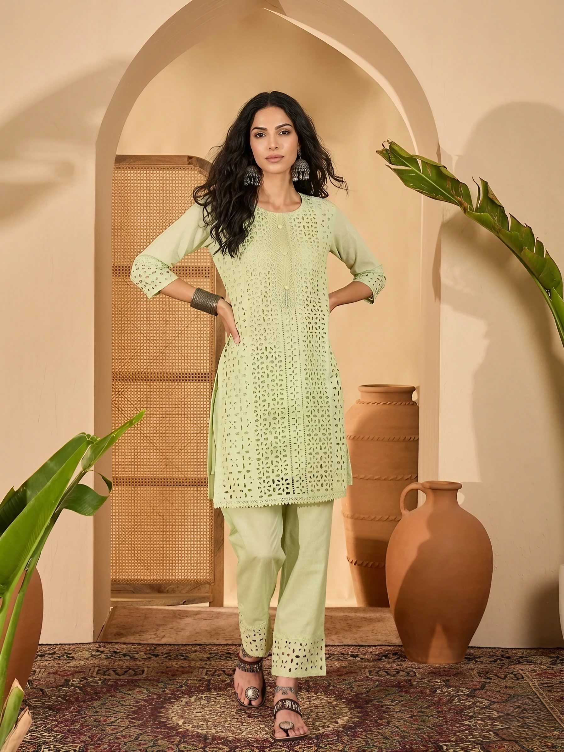 Women Pure Cotton Green Embroidery  Stitched Kurta pant set