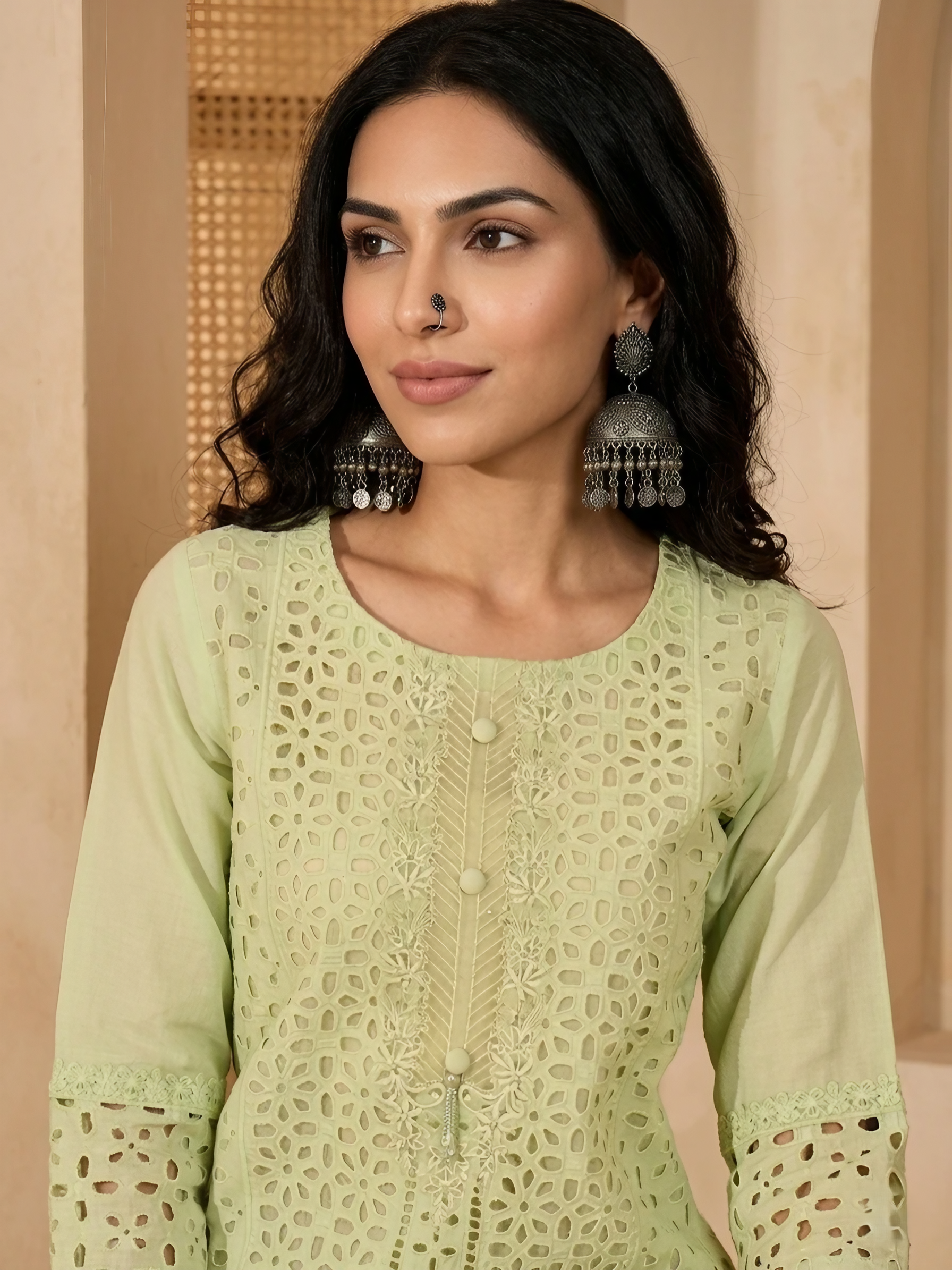 Women Pure Cotton Green Embroidery  Stitched Kurta pant set