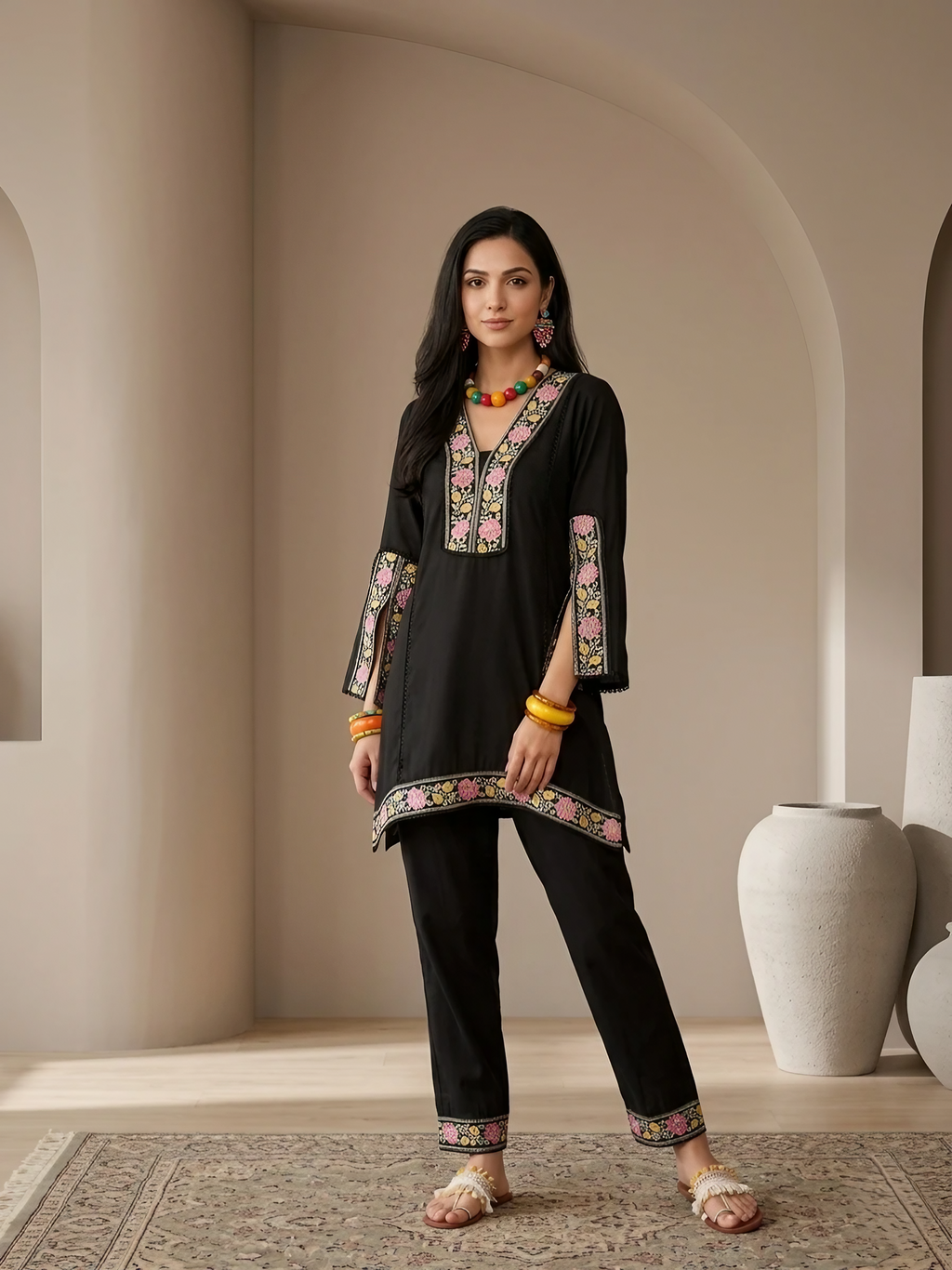 Women Roman Silk Black Embroidered Stitched Kurta pant set