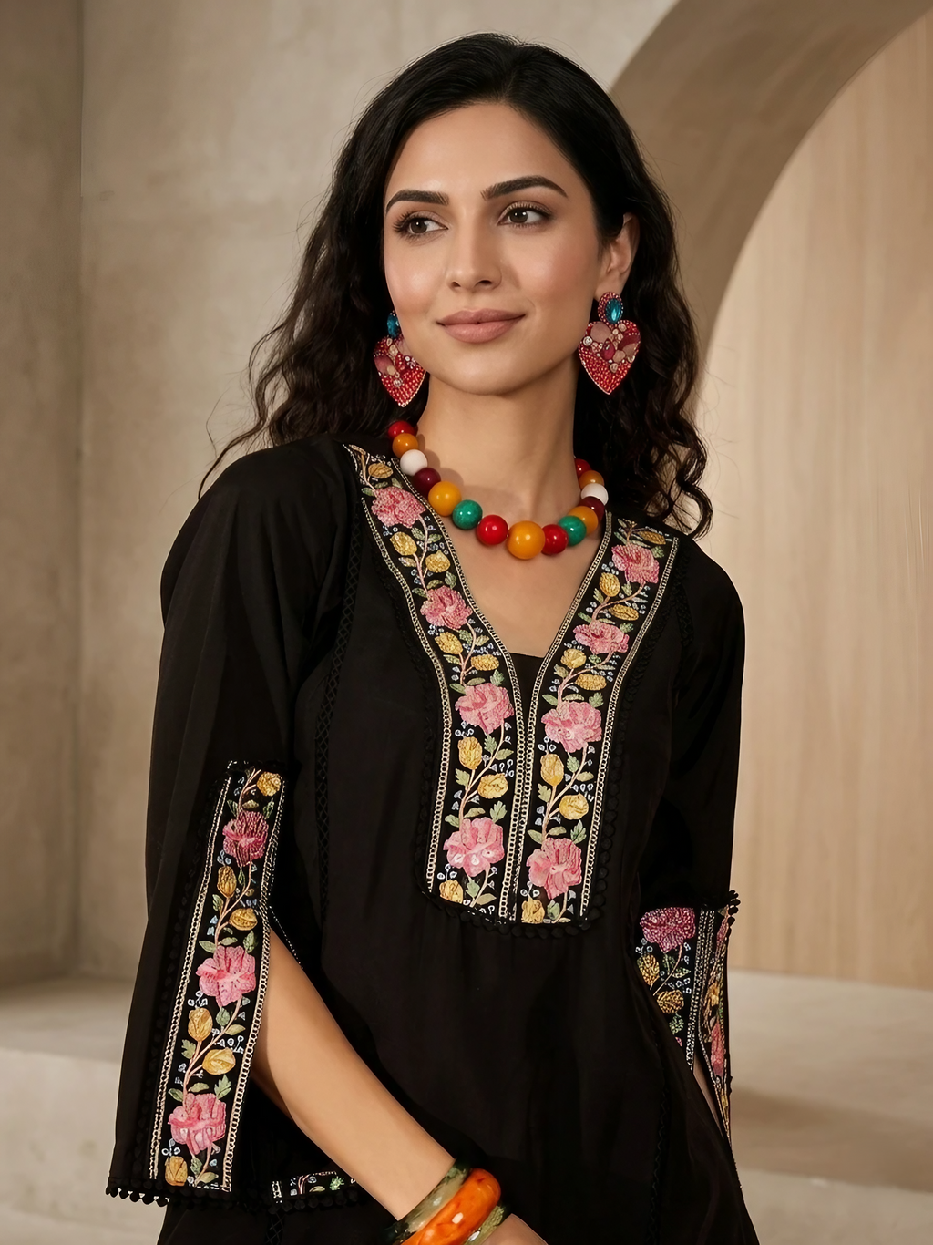 Women Roman Silk Black Embroidered Stitched Kurta pant set