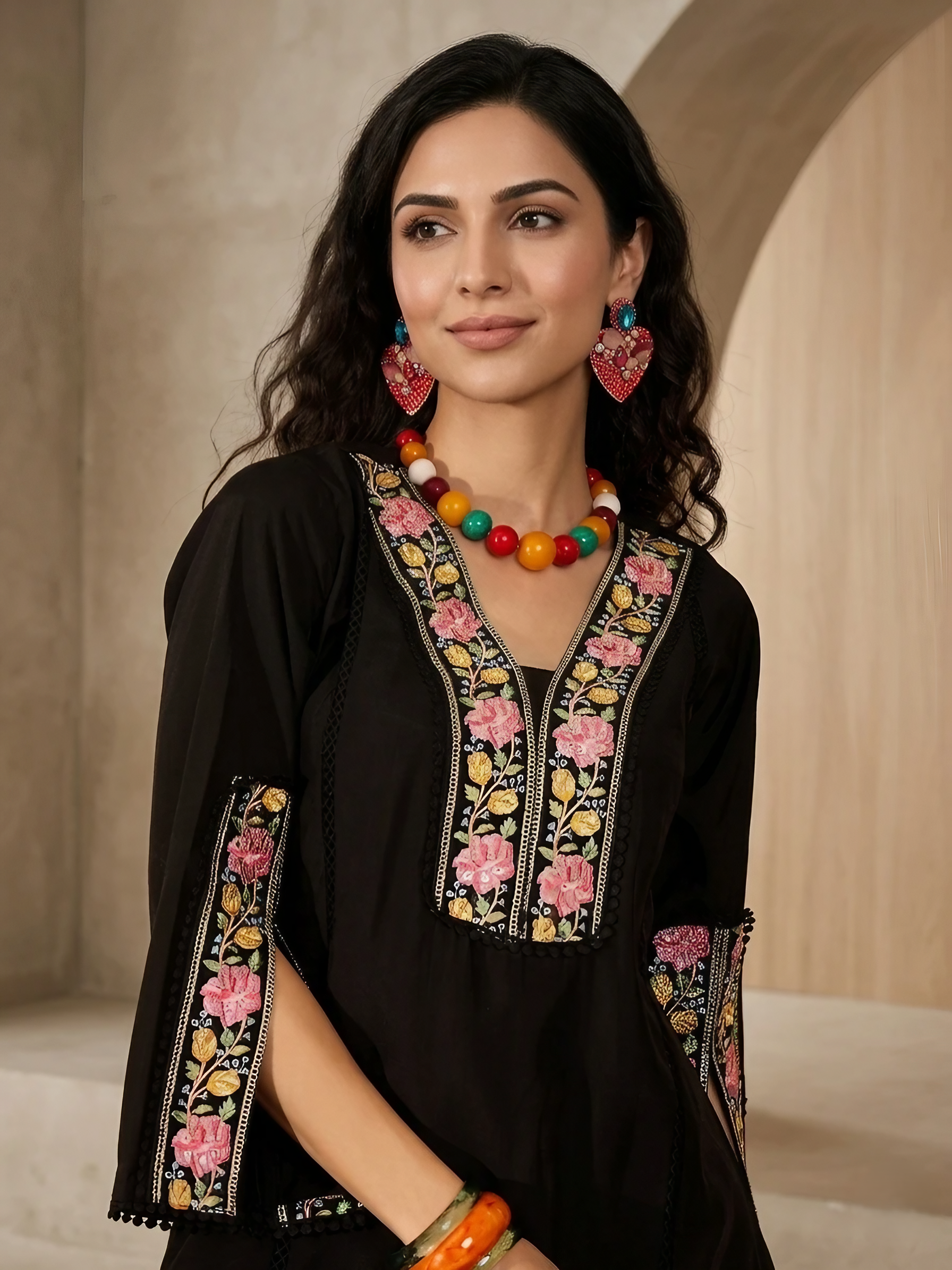Women Roman Silk Black Embroidered Stitched Kurta pant set
