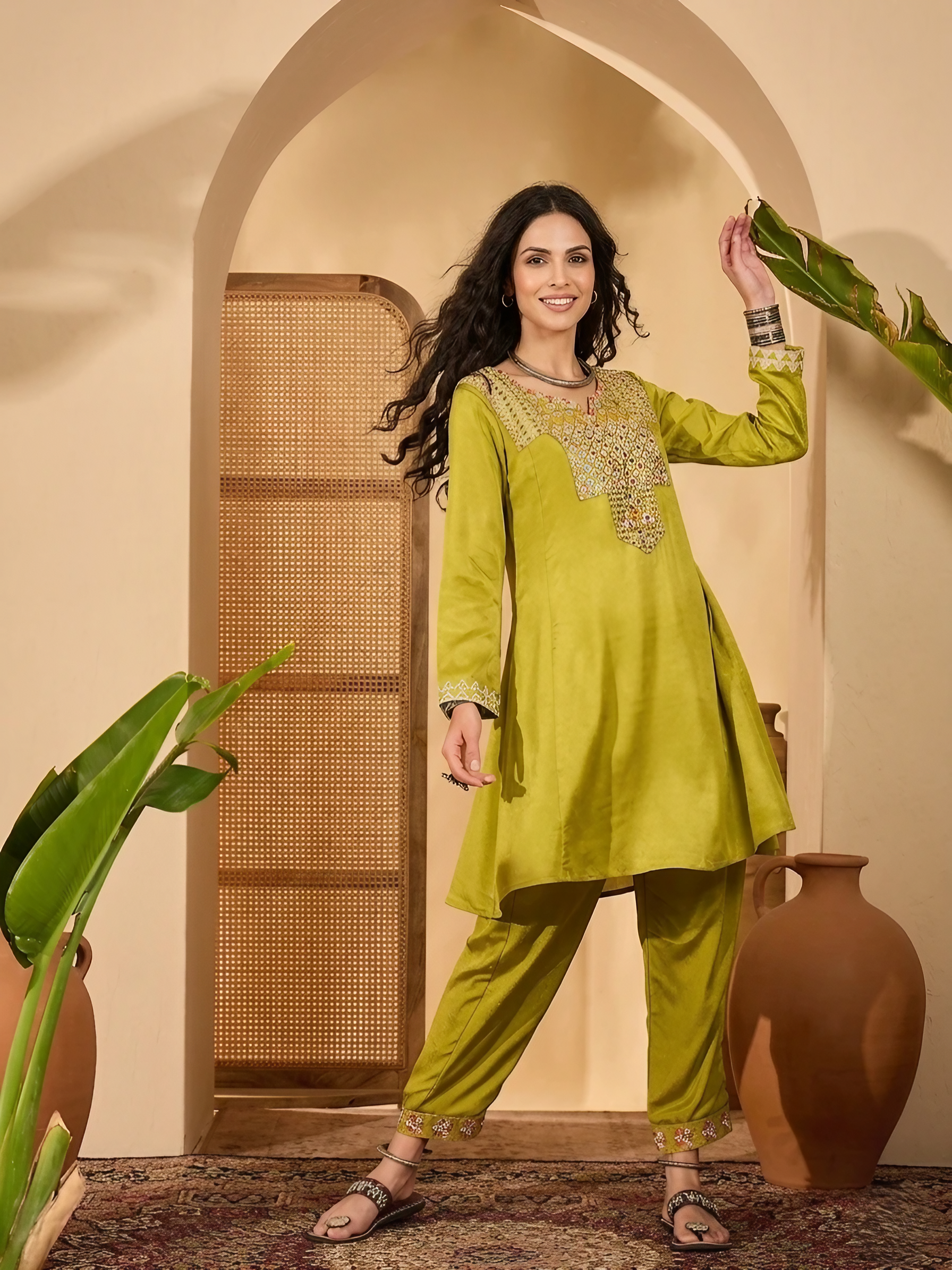 Women Chinon Silk Green Embroidered Stitched Kurta pant set