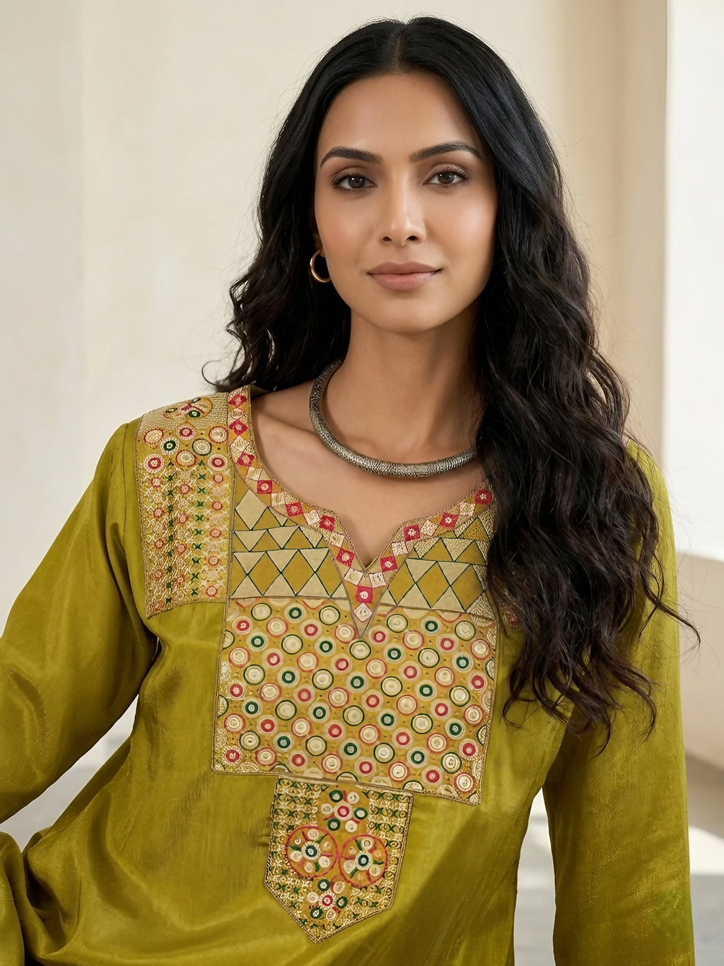 Women Chinon Silk Green Embroidered Stitched Kurta pant set
