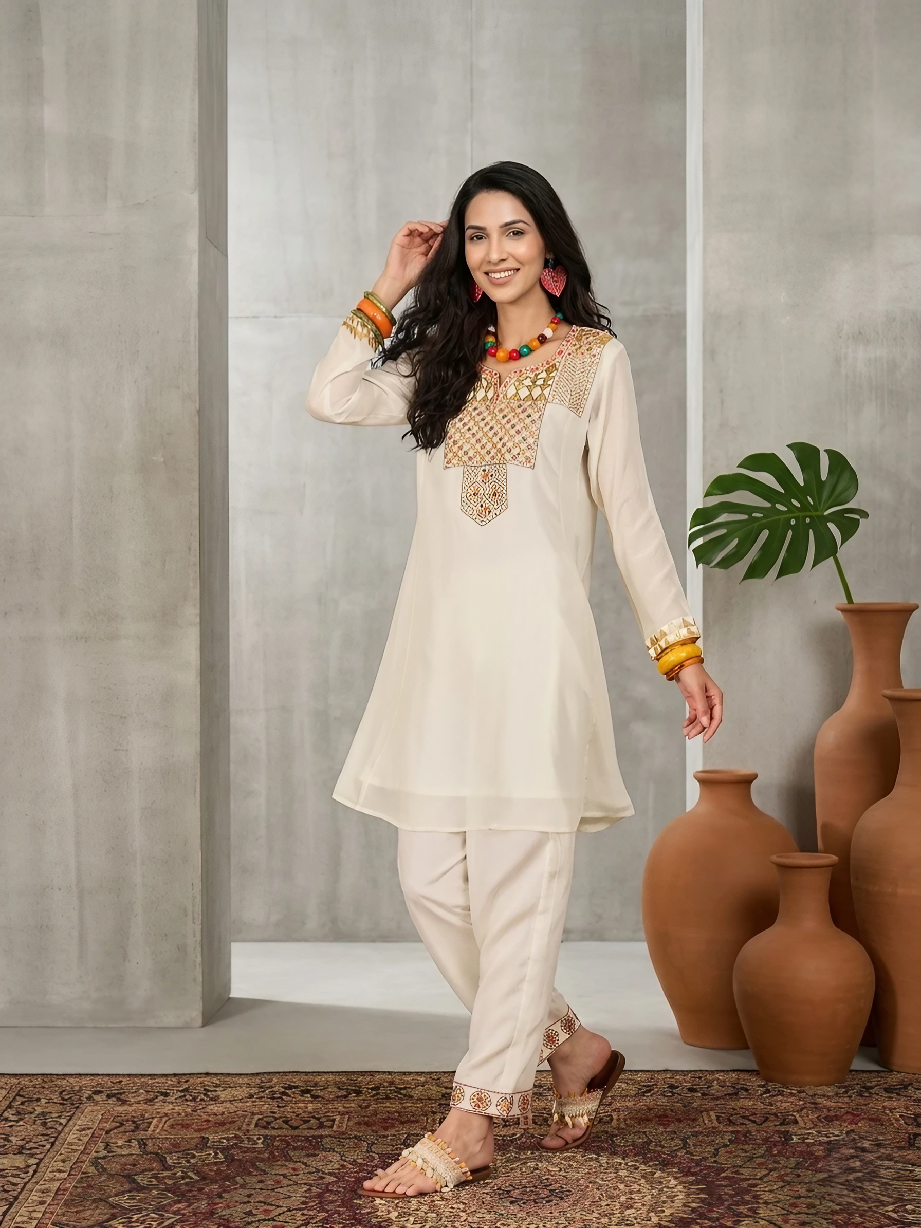 Women Chinon Silk Cream Embroidered Stitched Kurta pant set