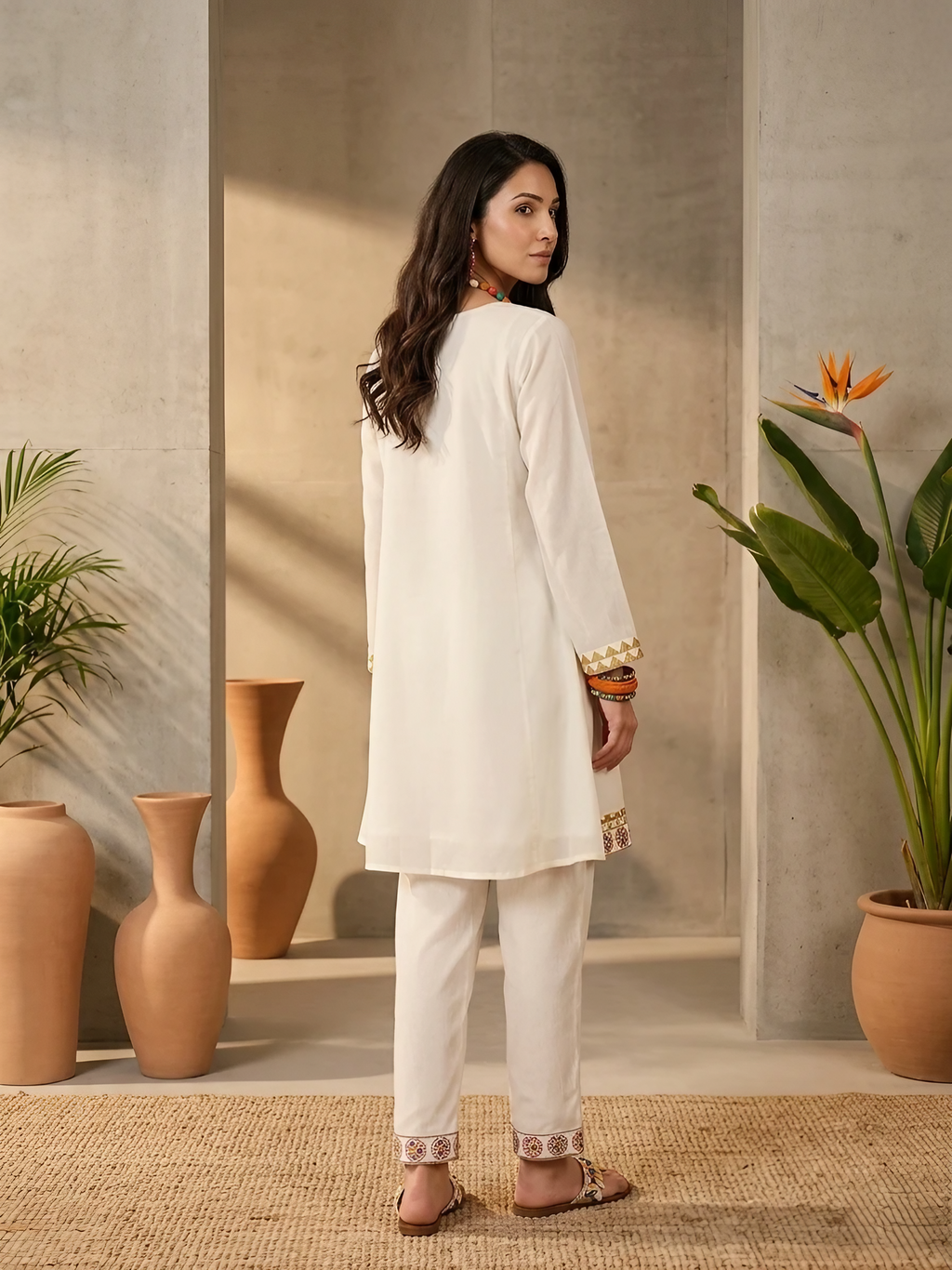 Women Chinon Silk Cream Embroidered Stitched Kurta pant set