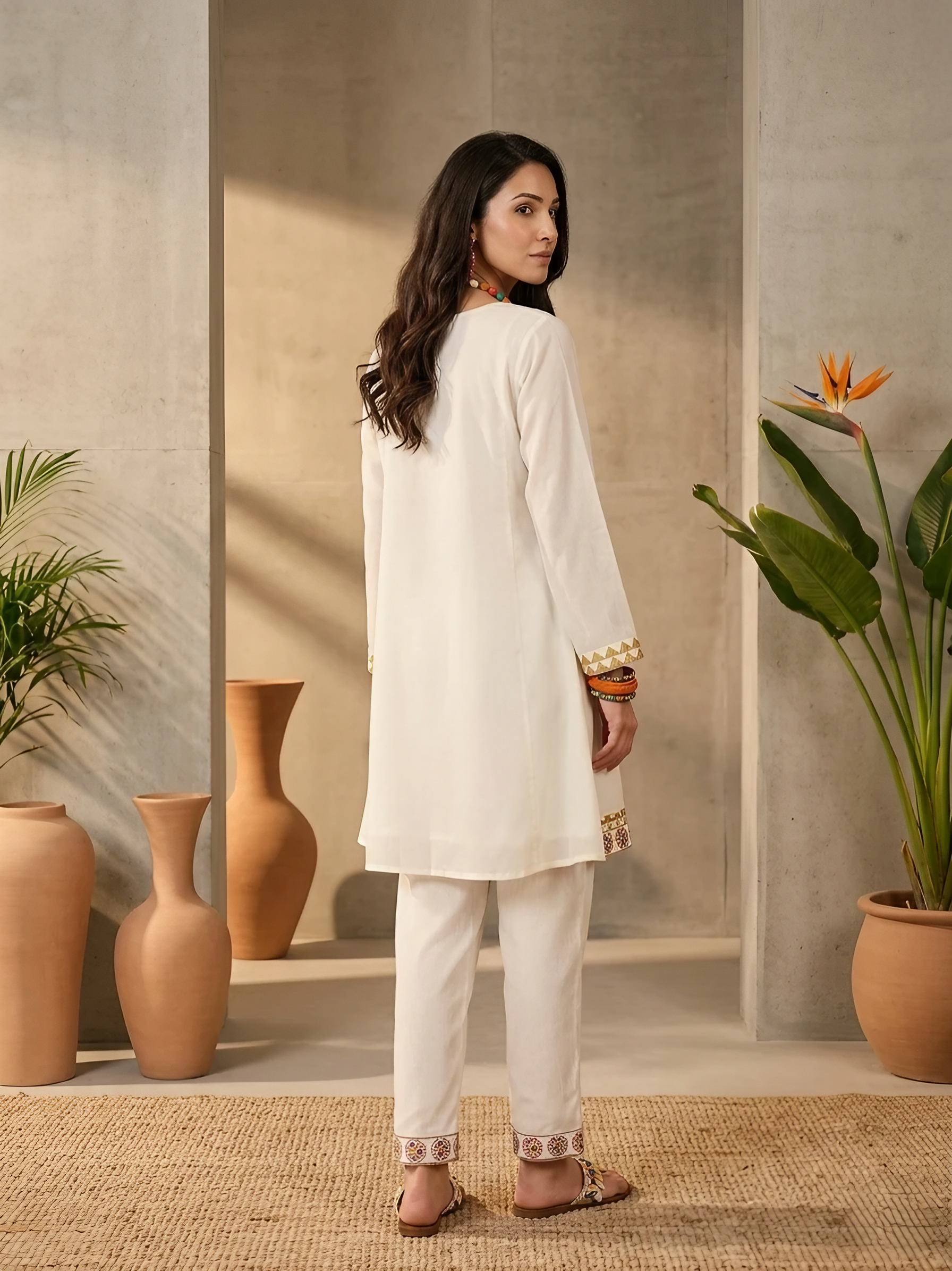 Women Chinon Silk Cream Embroidered Stitched Kurta pant set
