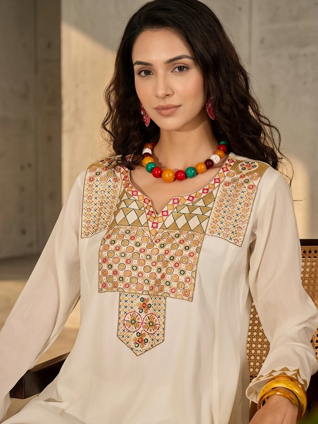 Women Chinon Silk Cream Embroidered Stitched Kurta pant set