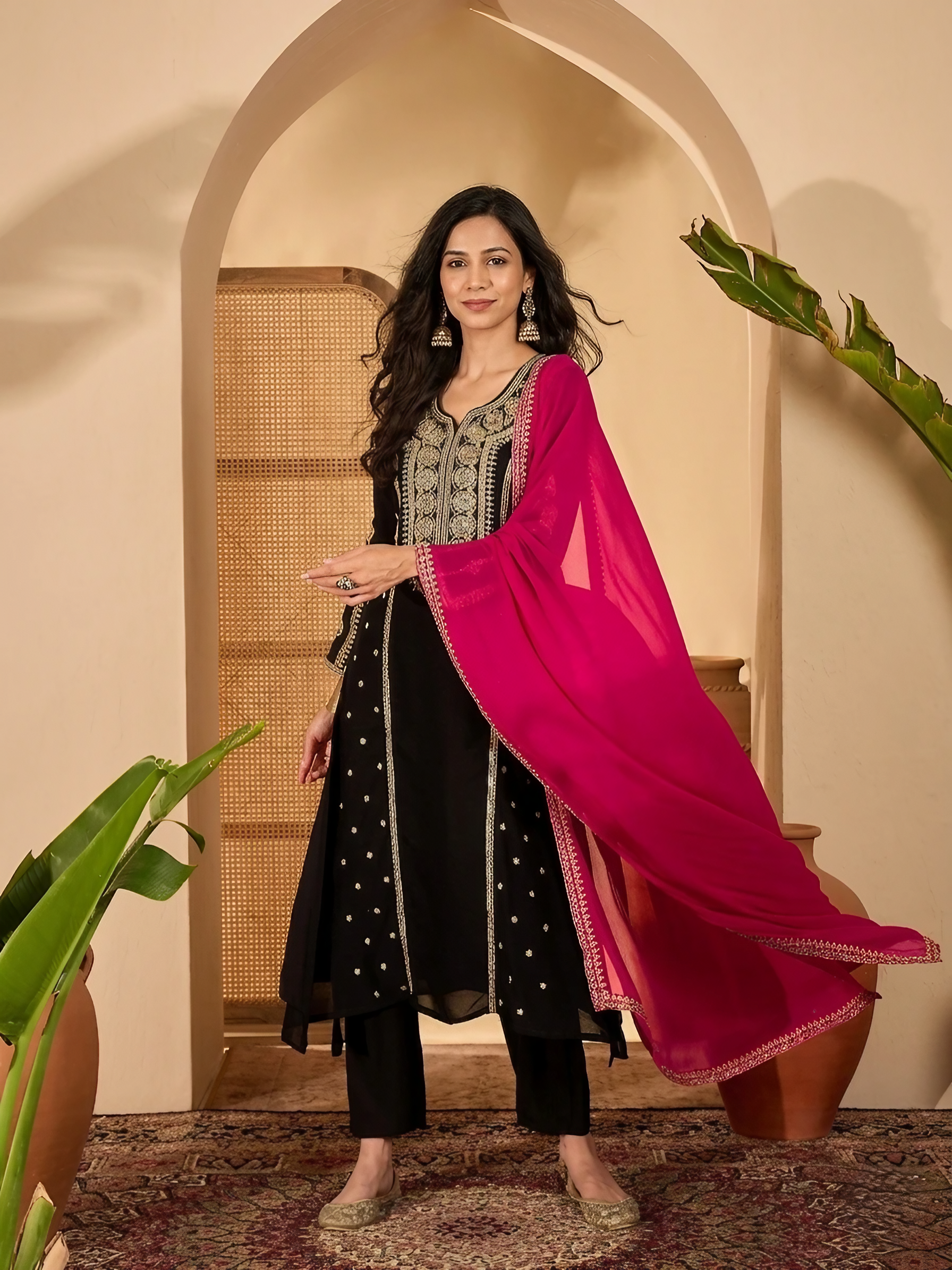 Women Vichitra Silk Black Stitched Embroidery  Kurta set with dupatta