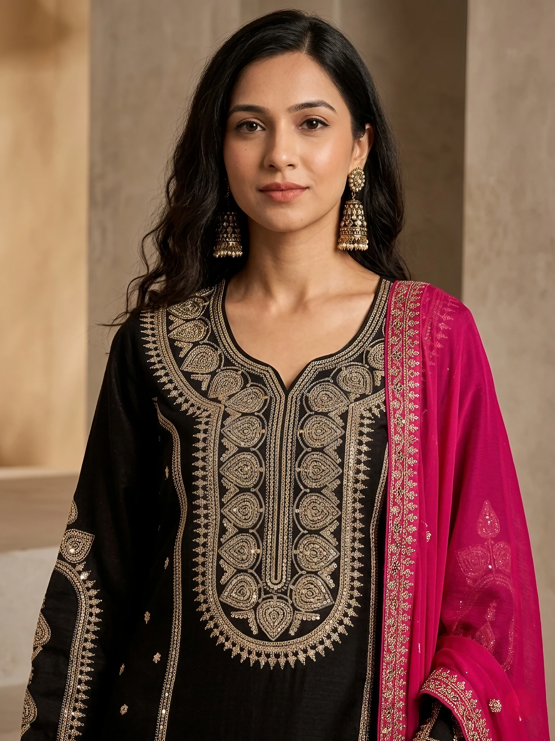 Women Vichitra Silk Black Stitched Embroidery  Kurta set with dupatta
