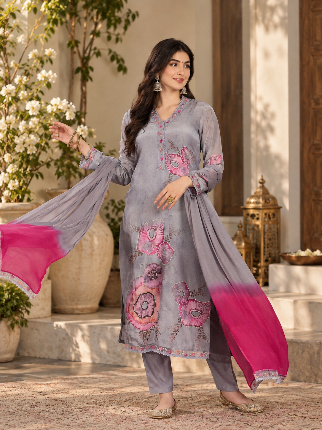 Women Grey Simmar Silk Embroidery  Kurta set