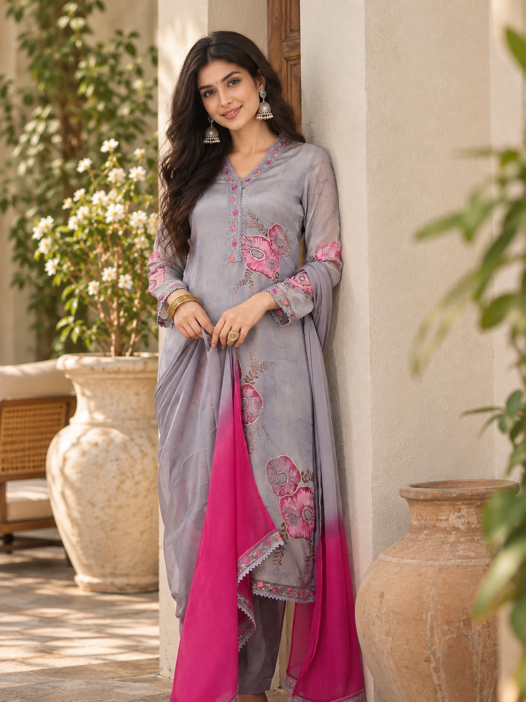 Women Grey Simmar Silk Embroidery  Kurta set