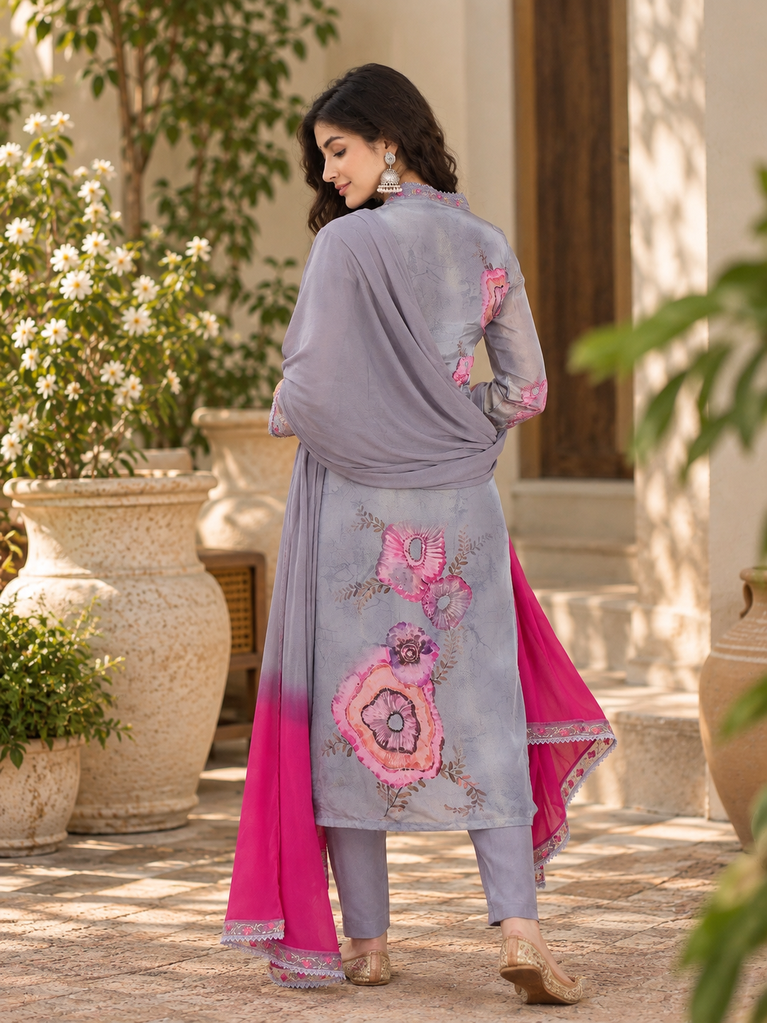 Women Grey Simmar Silk Embroidery  Kurta set