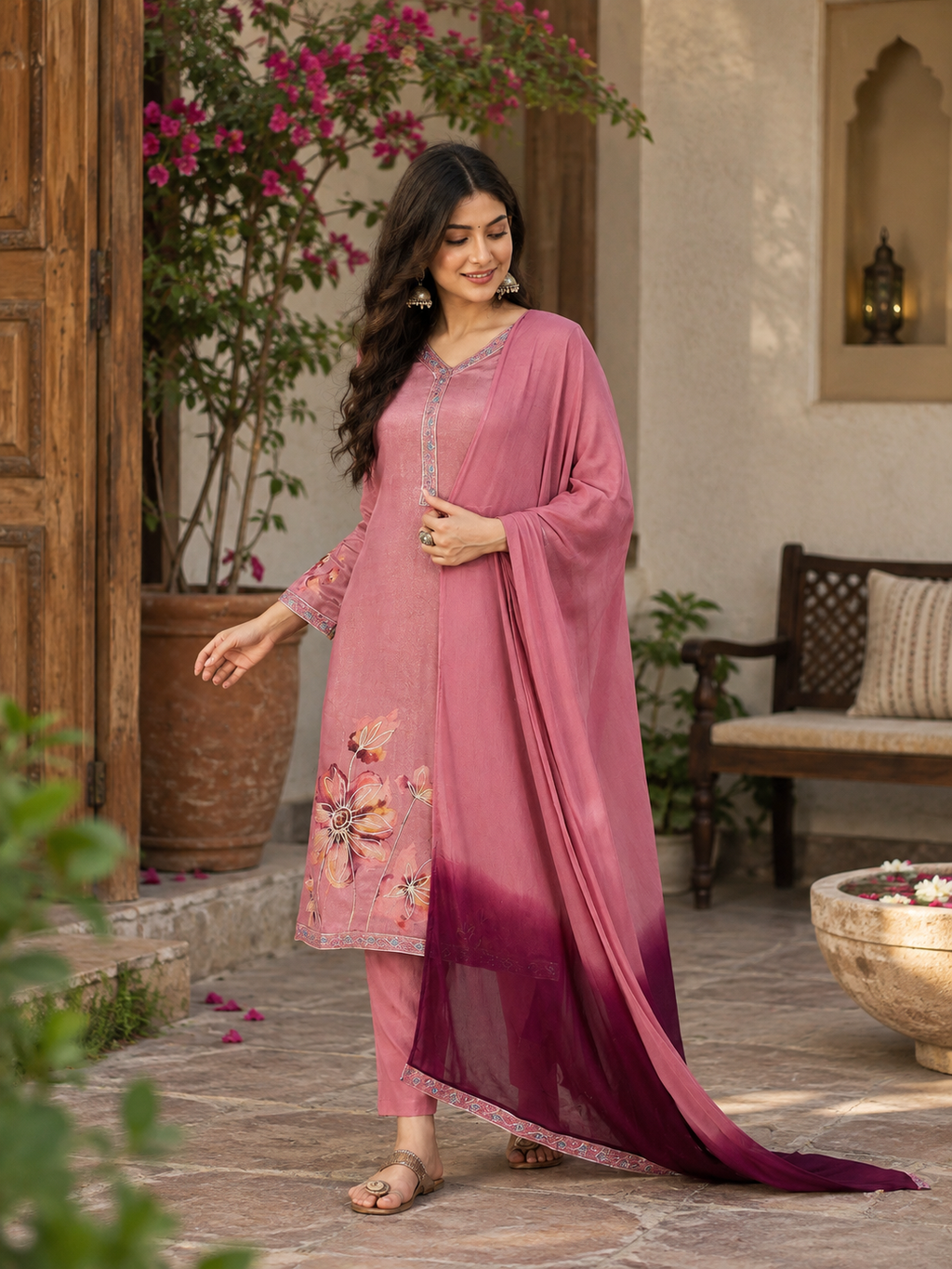 Women Mauve Simmar Silk Embroidery  Kurta set