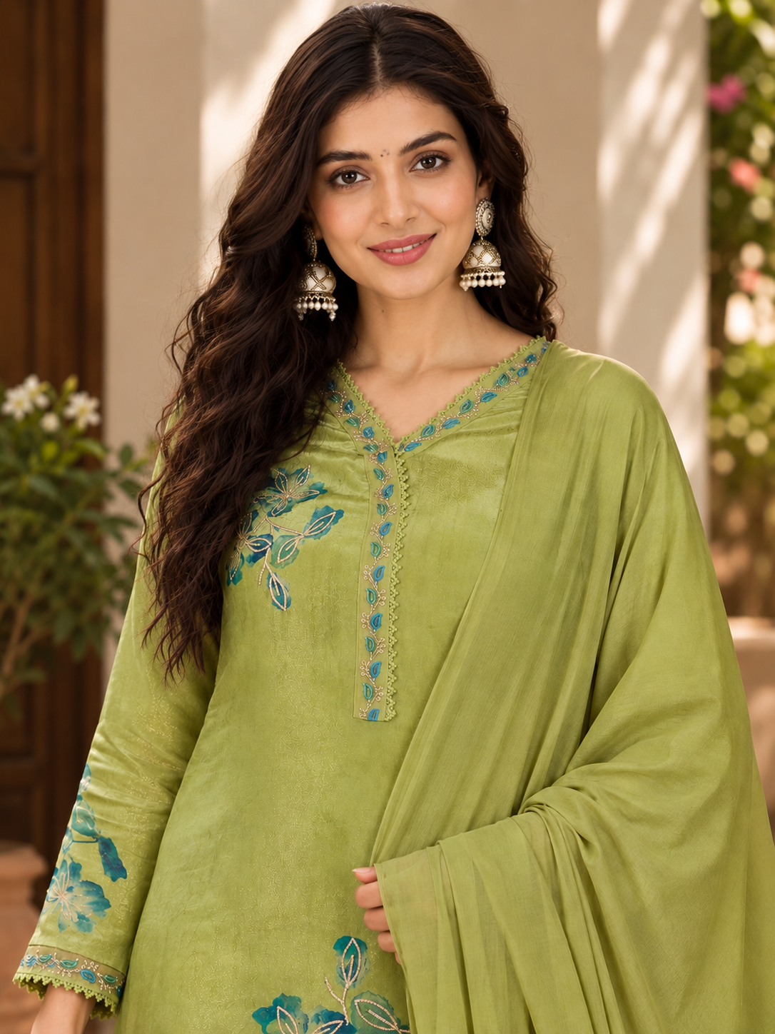 Women Green Silk Crepe Embroidery  Kurta set